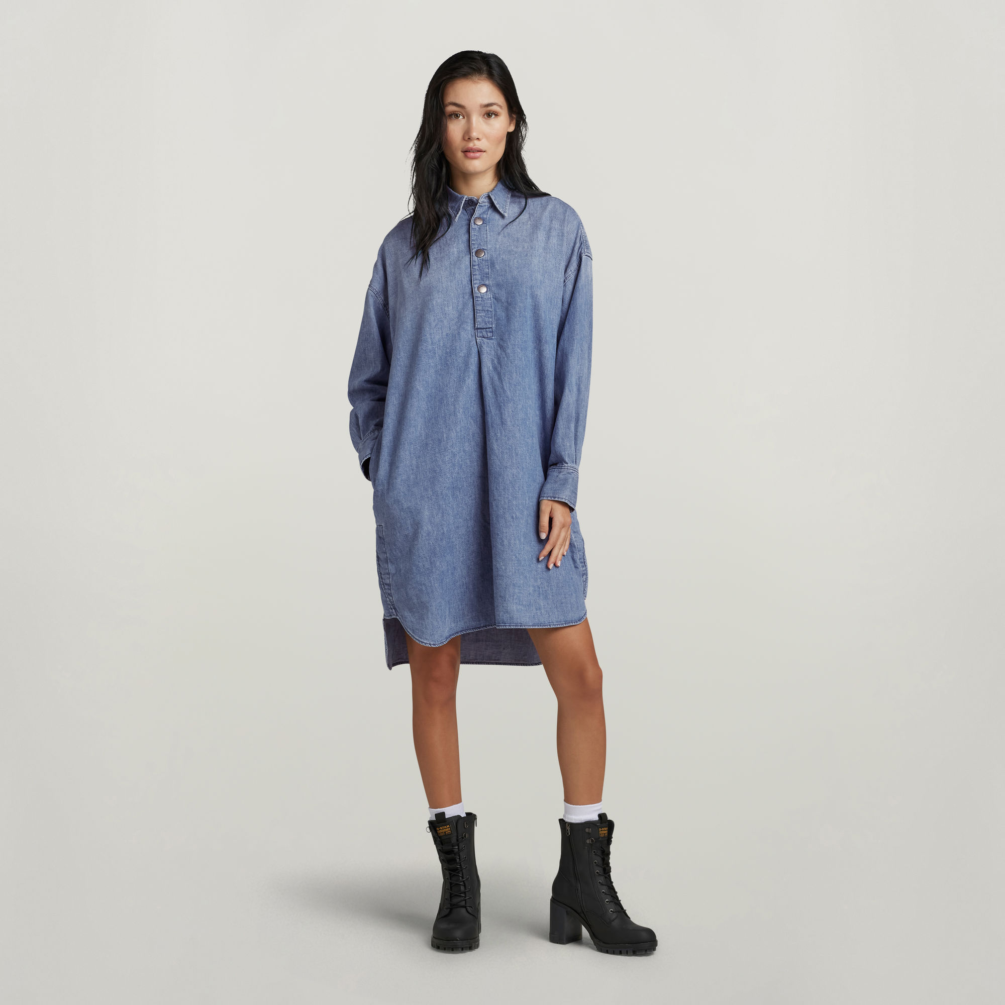 

Long Sleeve Denim Shirt Dress - Medium blue - Women