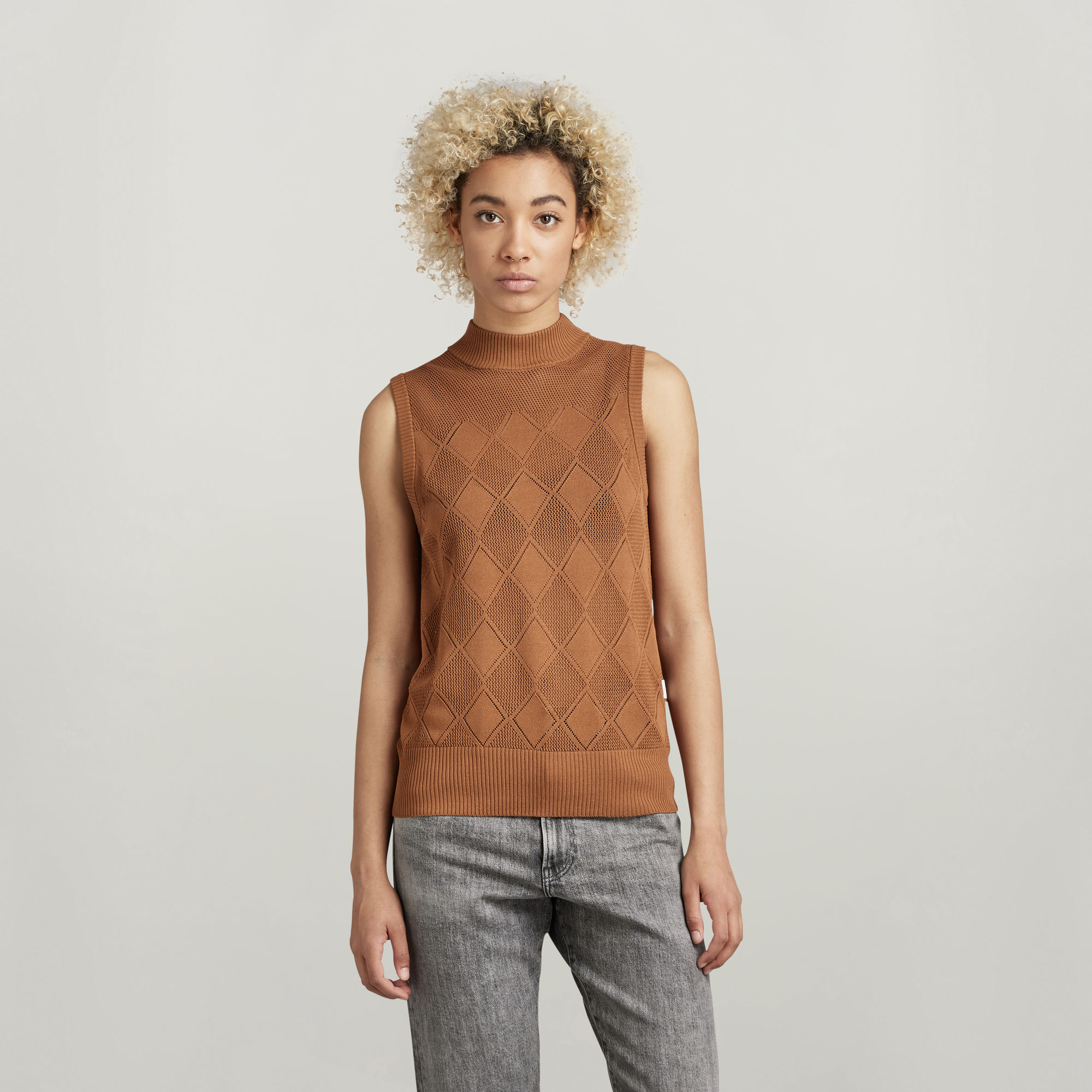 Pointelle Mock Knitted Pullover - Braun - Damen