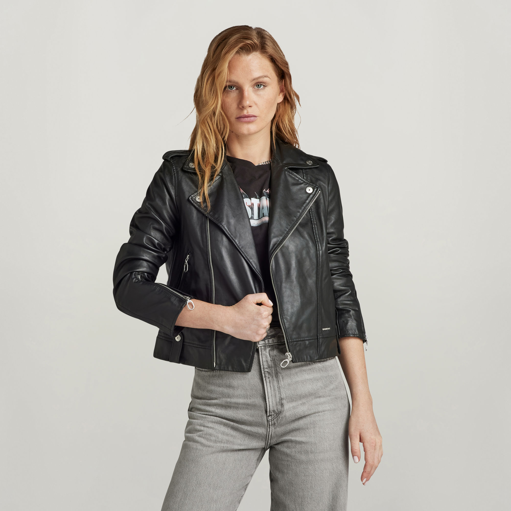 

Leather Biker Jacke - Schwarz - Damen