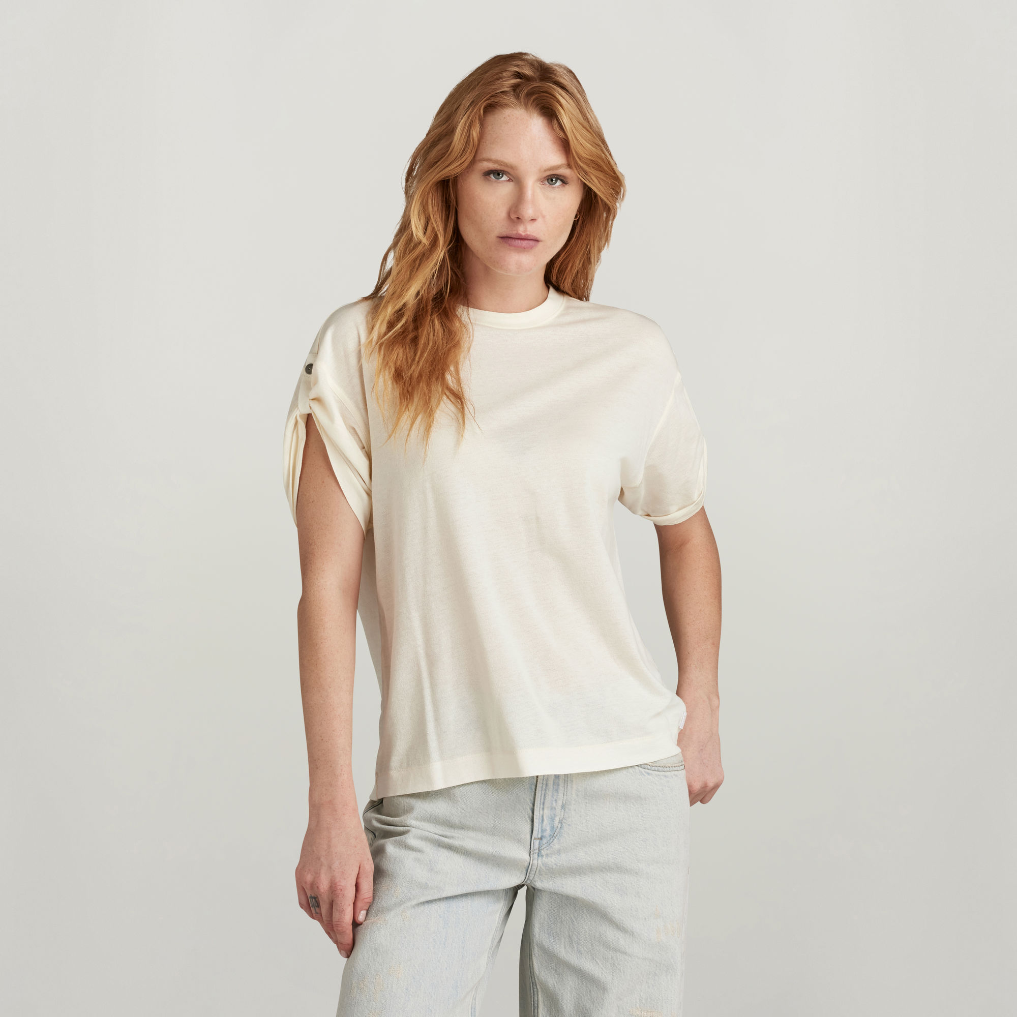 Adjustable Sleeve Loose Top - Beige - Damen