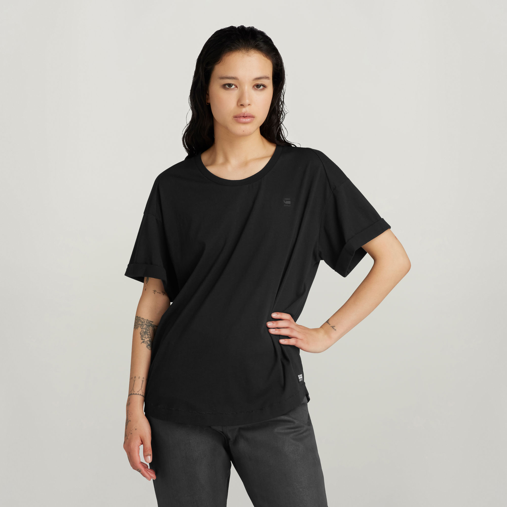 

Rolled Up Sleeve Boyfriend Top - Black - Women