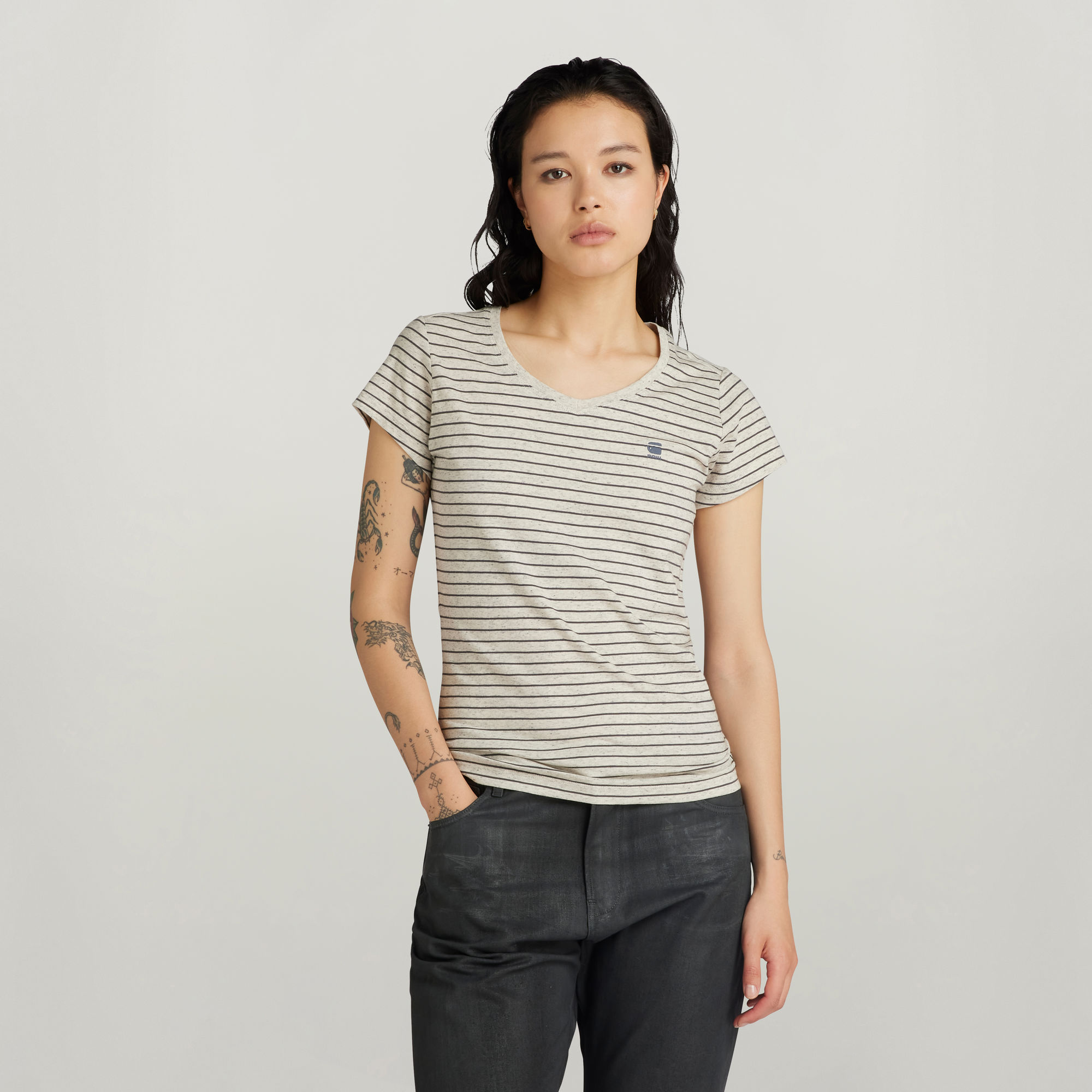 G-Star RAW gestreept T-shirt Eyben van biologisch katoen ecru grijs