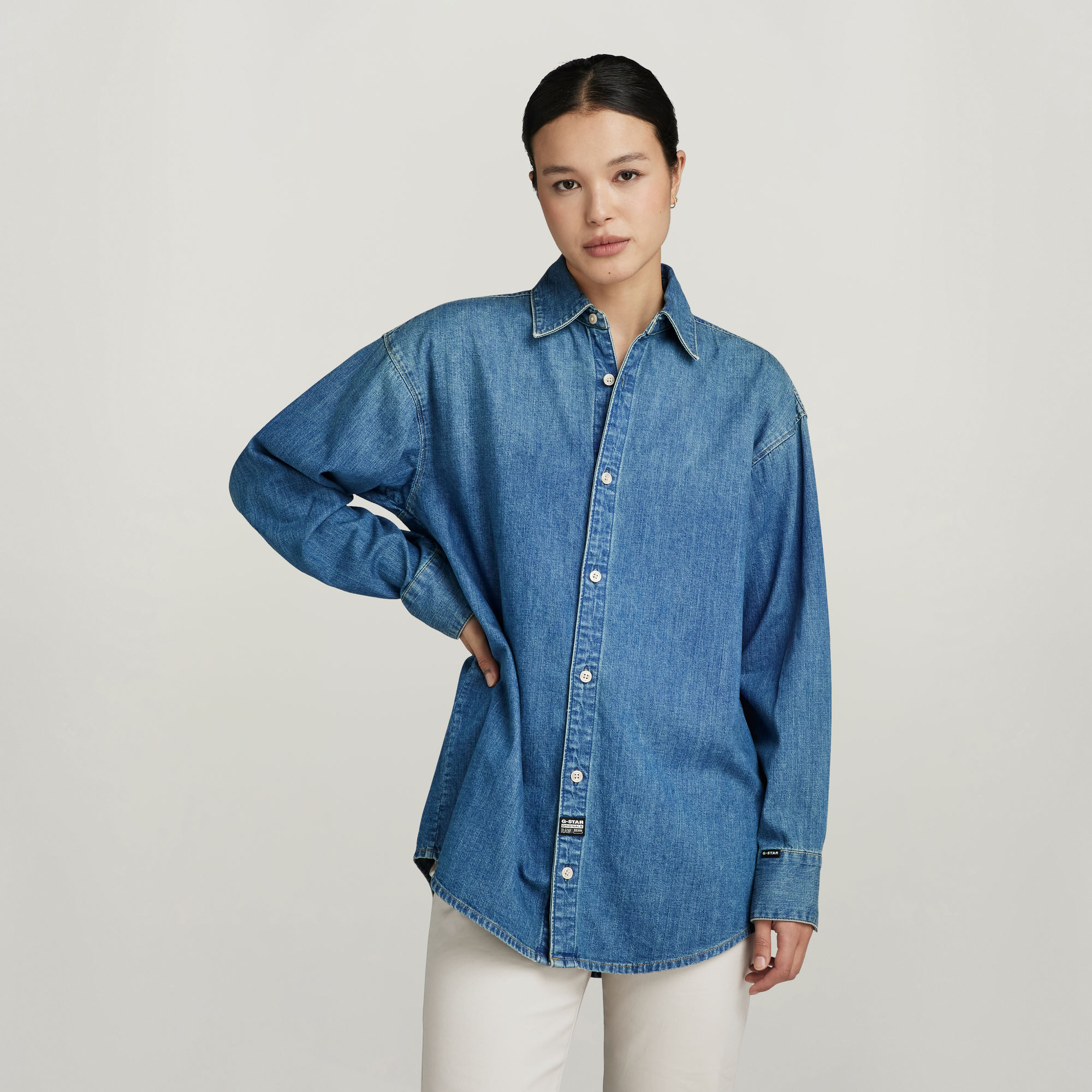 

Relaxed Denim Shirt Pocketless - Midden blauw - Dames