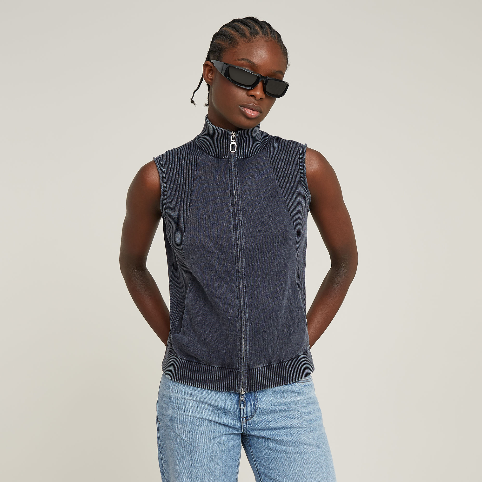 

Washed Lightweight Zip Knitted Top - Dark blue - Women