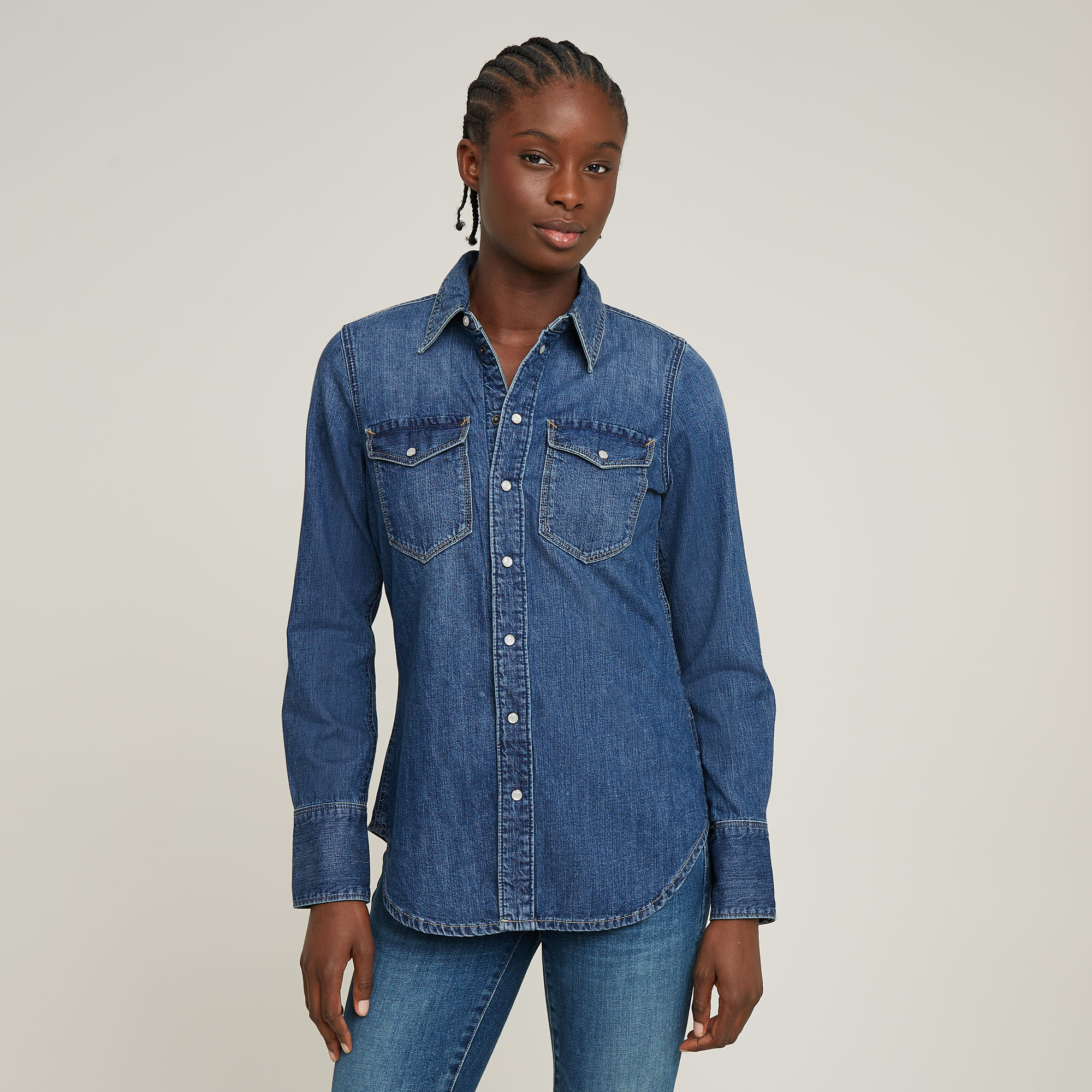 Slim Western Hemd - Mittelblau - Damen