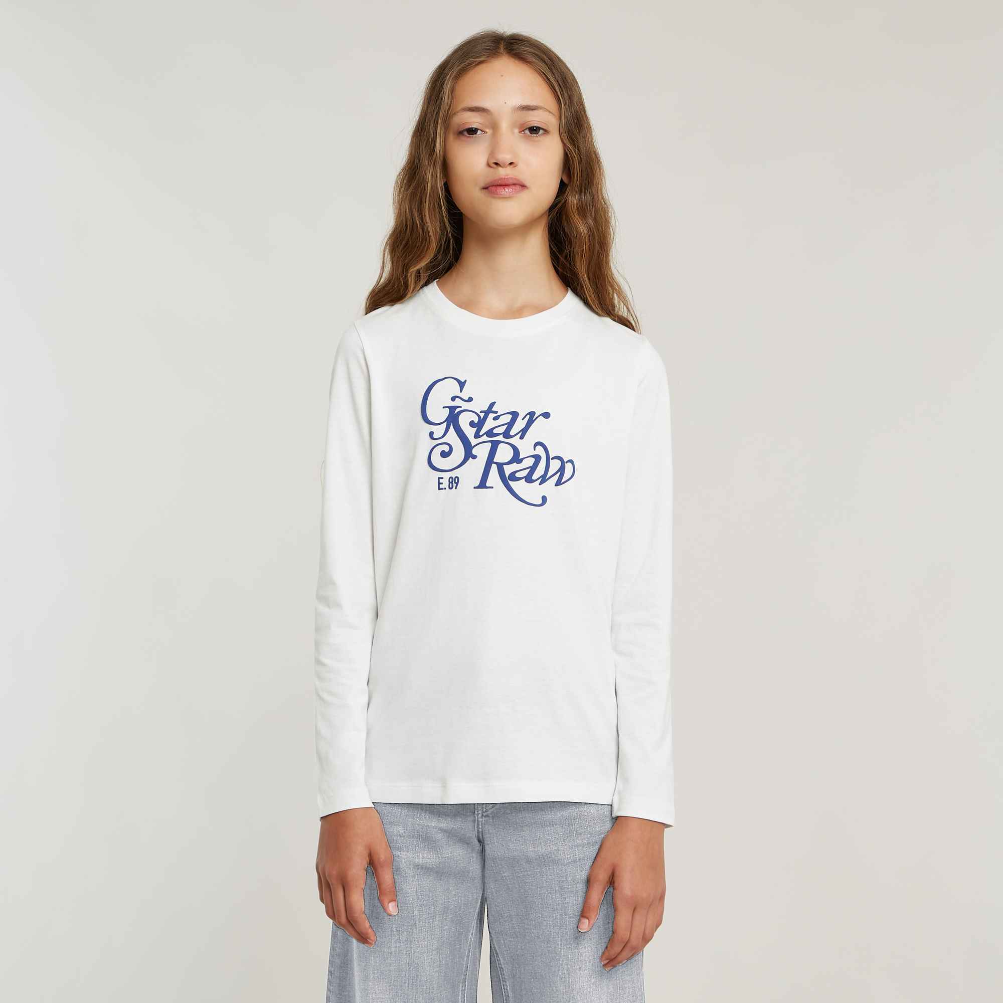 G-Star Raw longsleeve t-shirt wit blauw Meisjes Katoen Ronde hals Effen 140