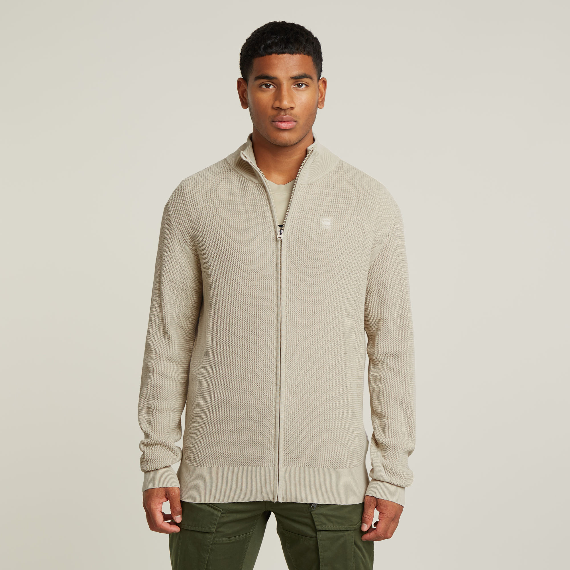 

Serrated Full Zip Knitted Cardigan - Beige - Men