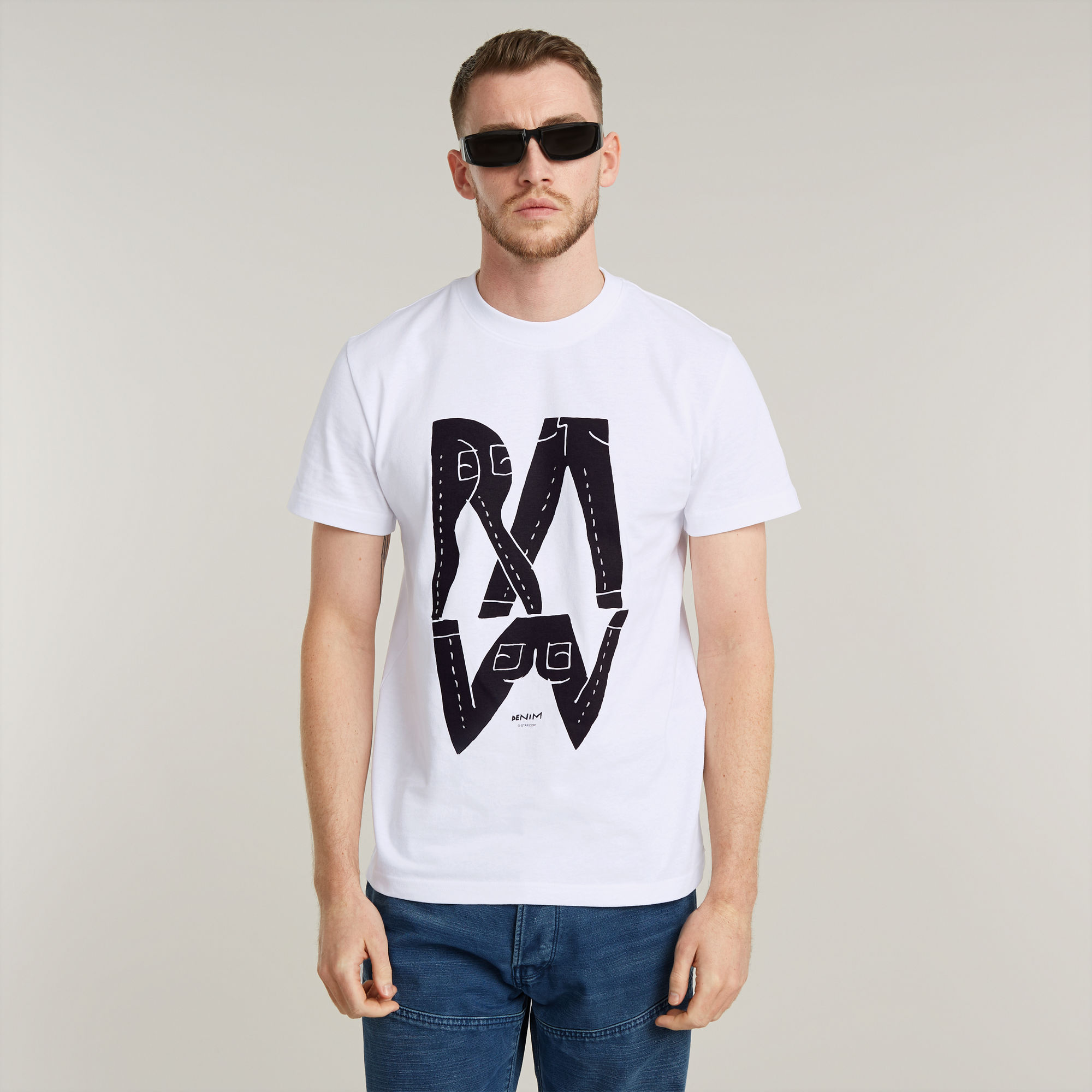 Raw Denim Illustration T-Shirt - Weiß - Herren