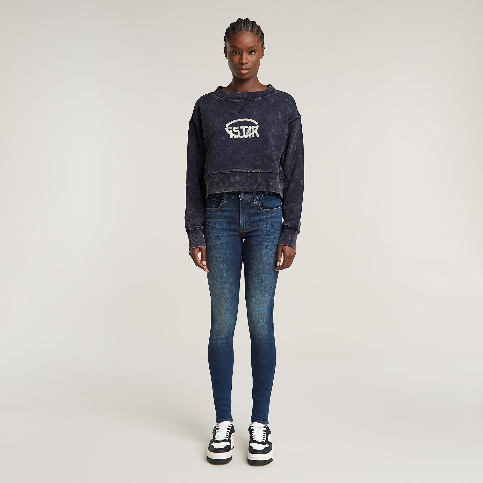 G-Star RAW Overdyed Cropped Logo Loose Sweater Donkerblauw Dames