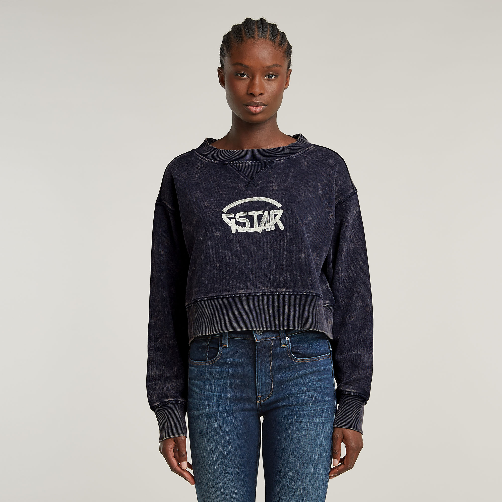 G-Star RAW Overdyed Cropped Logo Loose Sweater Donkerblauw Dames