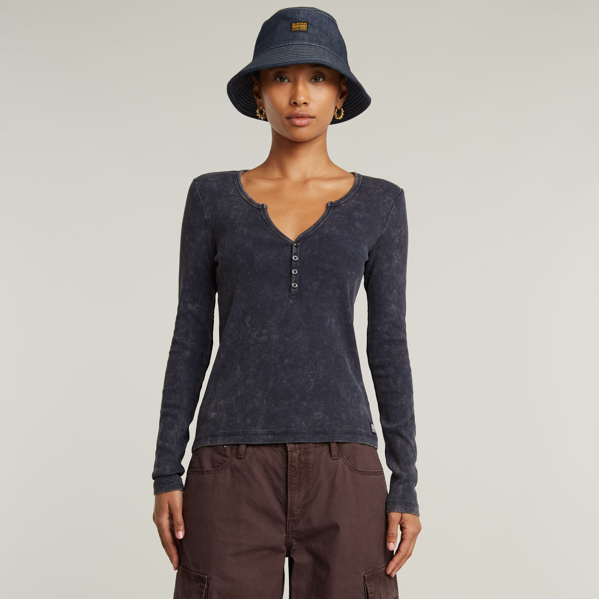 

Deep V Overdyed Henley Slim Top - Donkerblauw - Dames