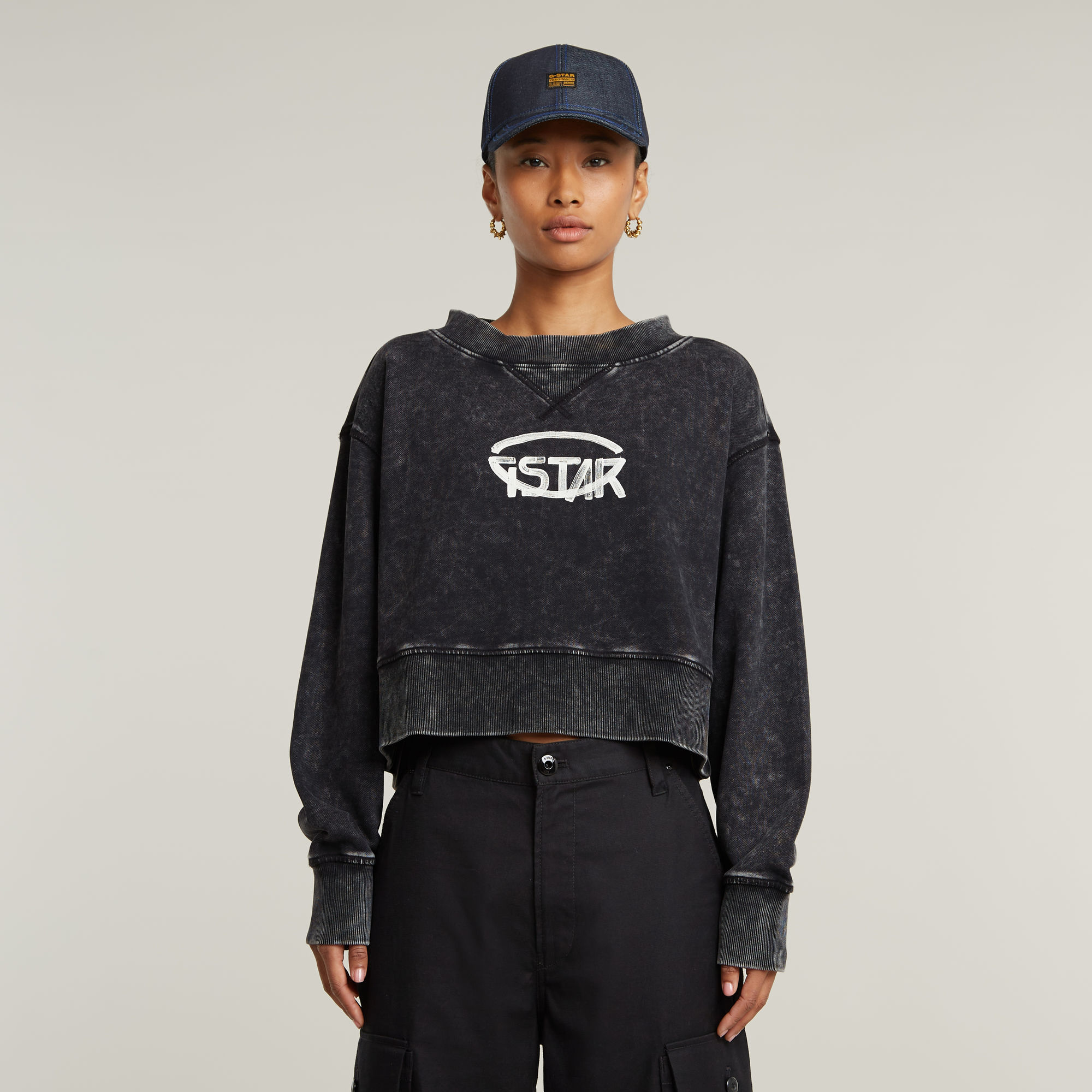 G-Star RAW Overdyed Cropped Logo Loose Sweater Zwart Dames