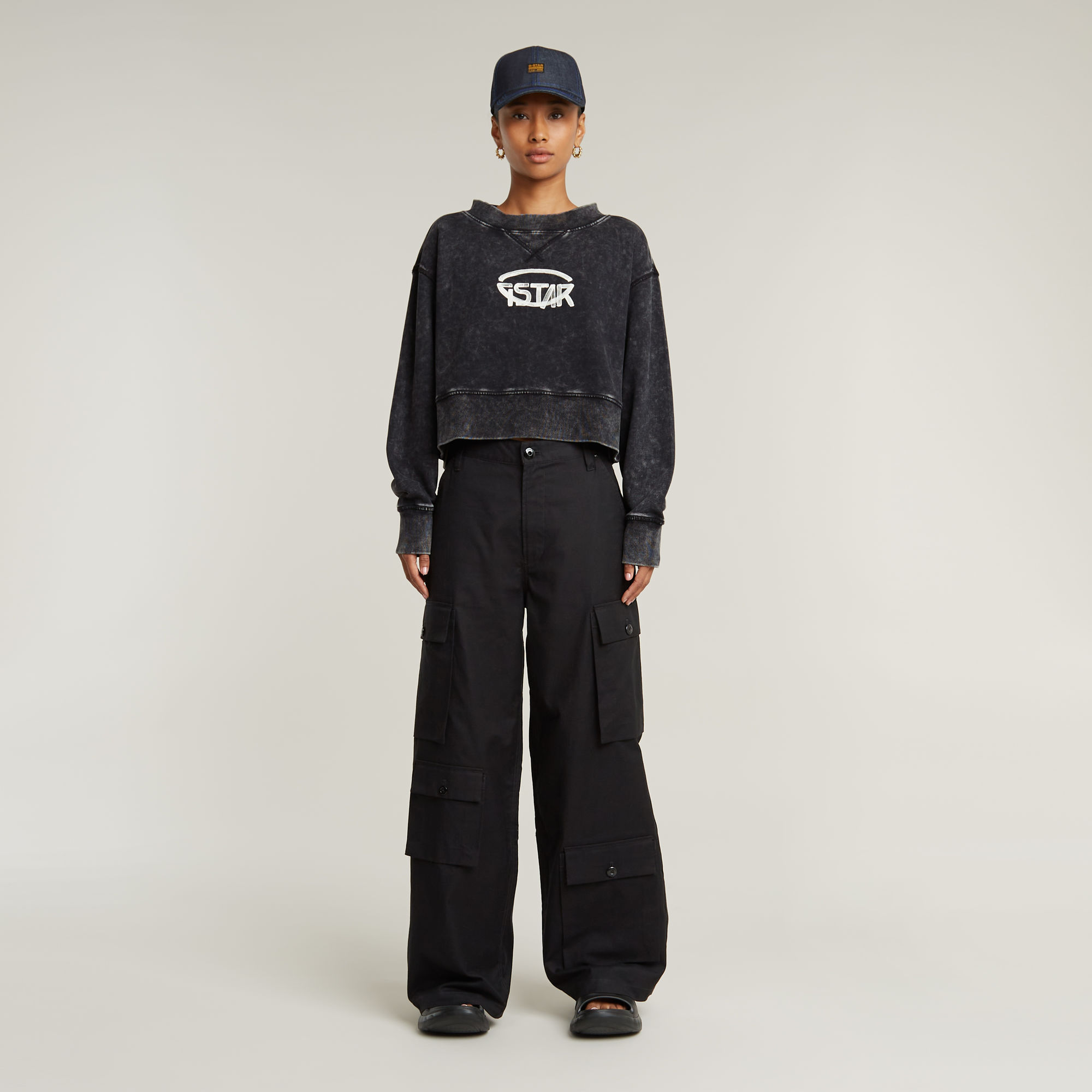 G-Star RAW Overdyed Cropped Logo Loose Sweater Zwart Dames