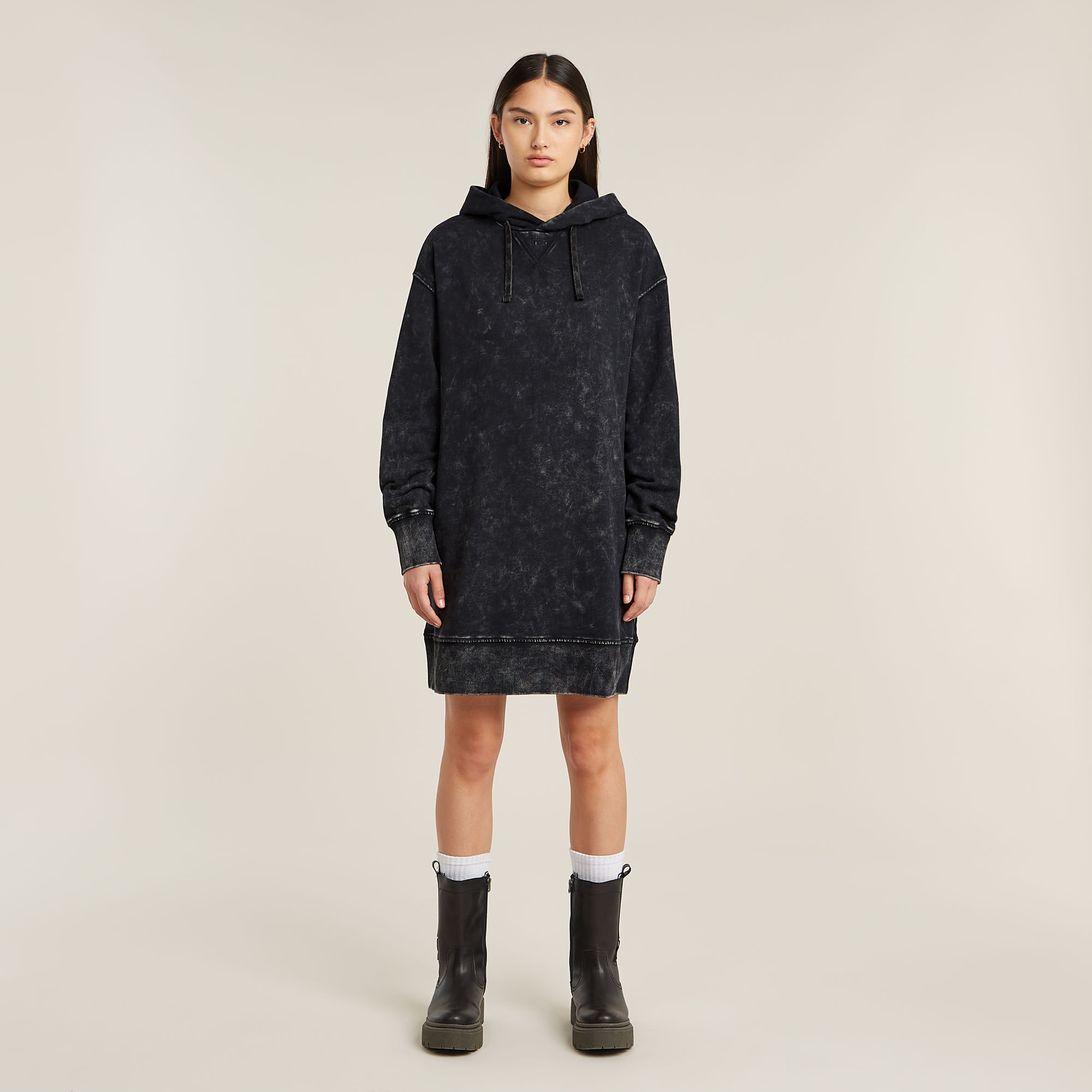 

Loose Overdyed Hooded Sweater Dress - Black - Women