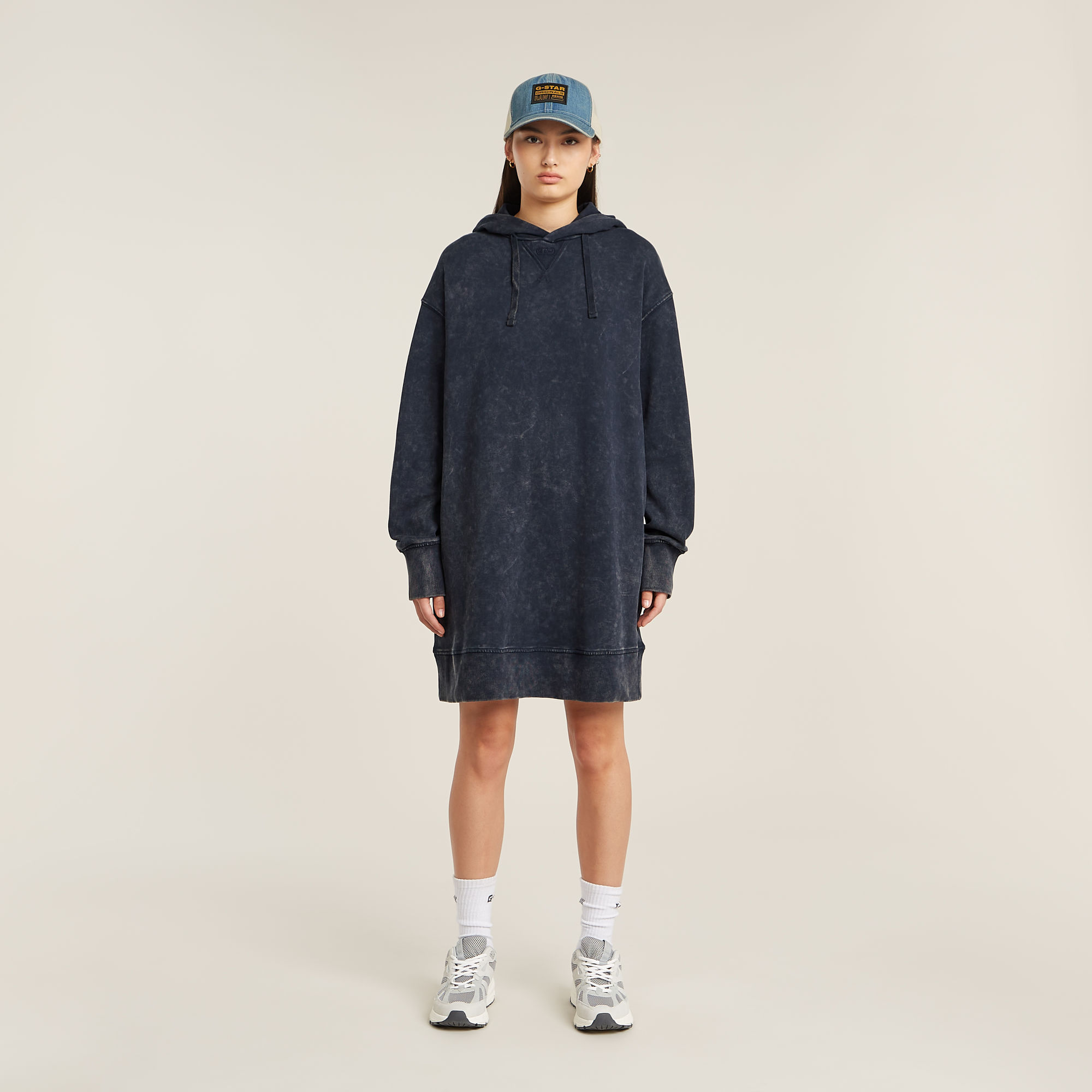 

Loose Overdyed Hooded Sweater Dress - Dark blue - Women