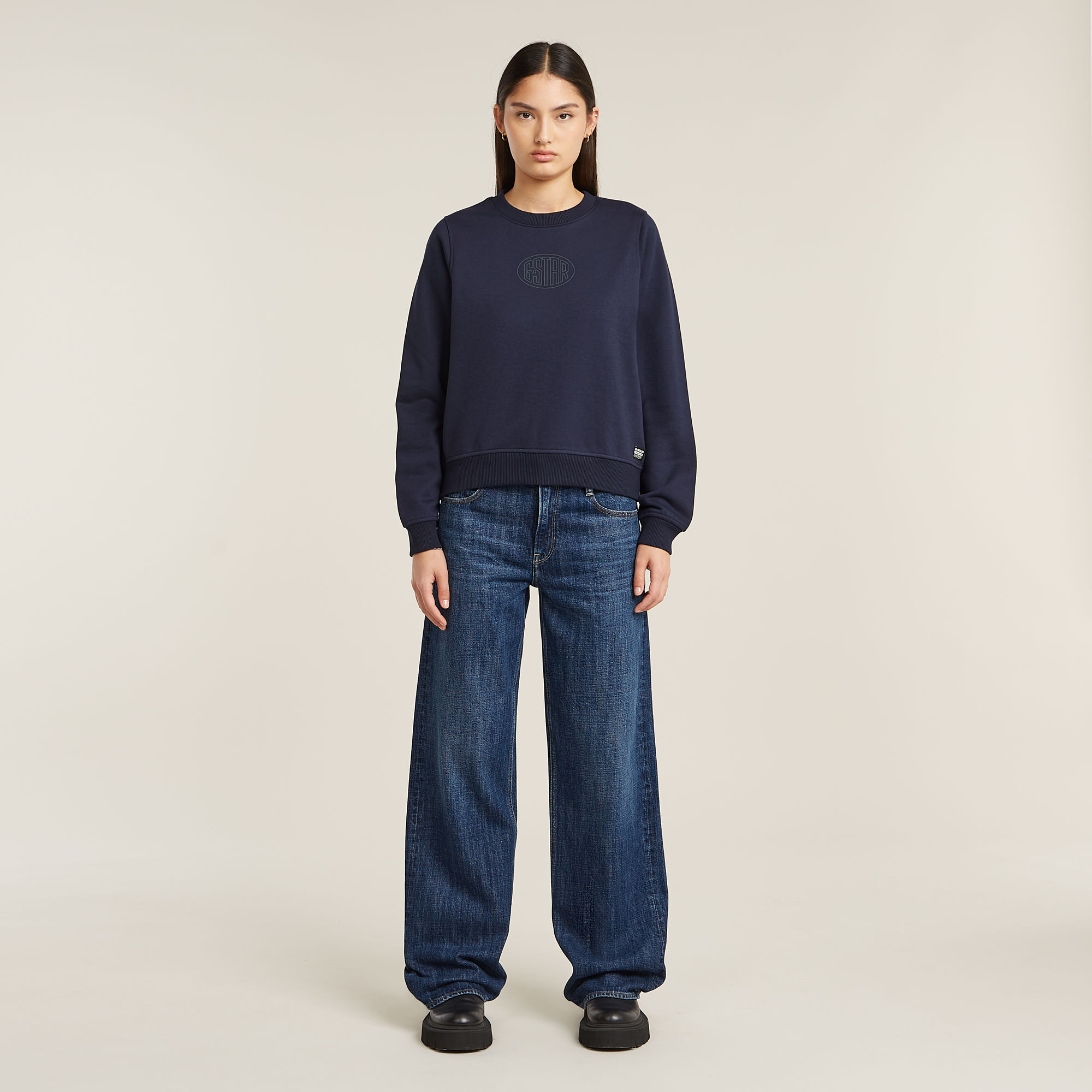 G-Star RAW Logo Crew Sweater Donkerblauw Dames