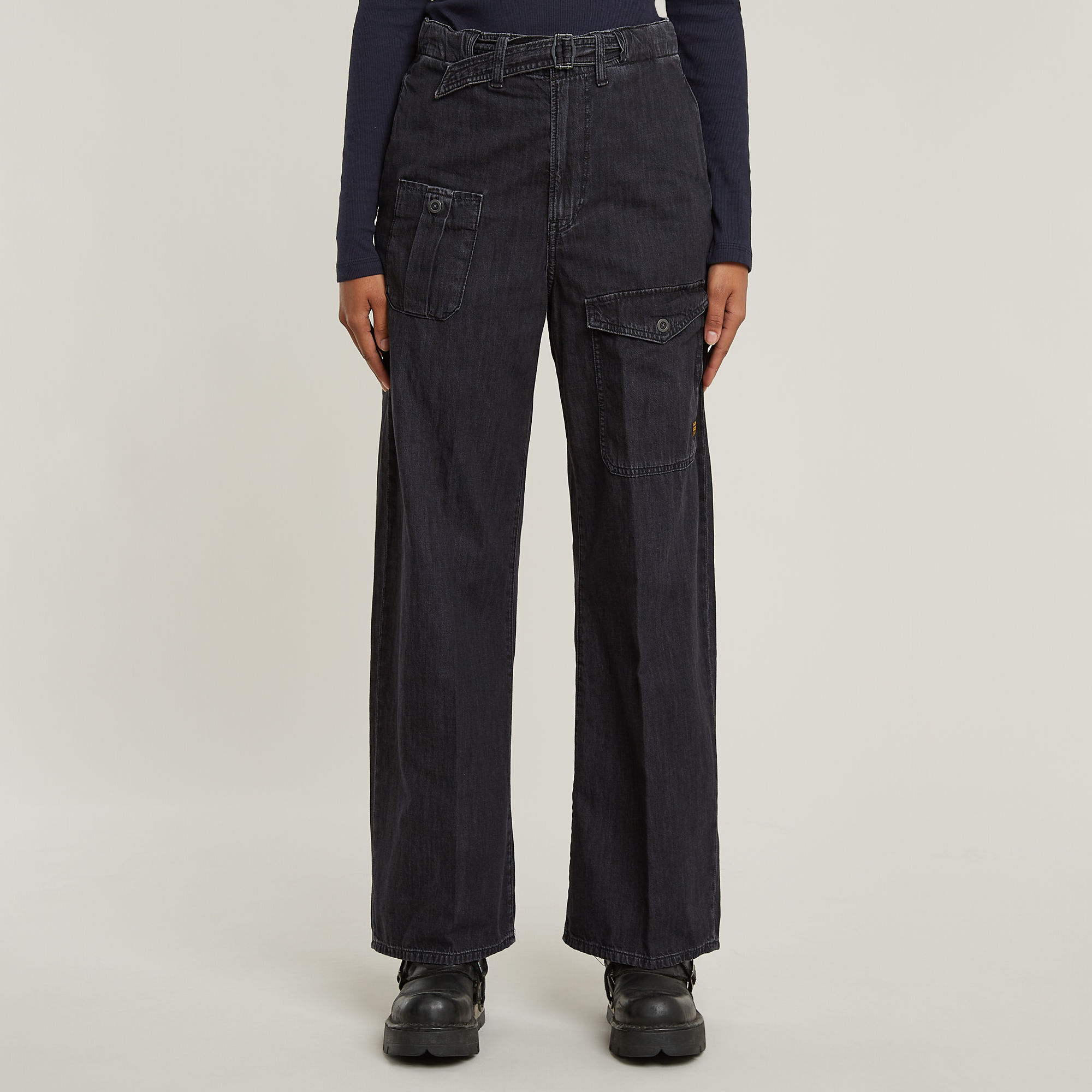 Belted Cargo Loose Jeans - Schwarz - Damen