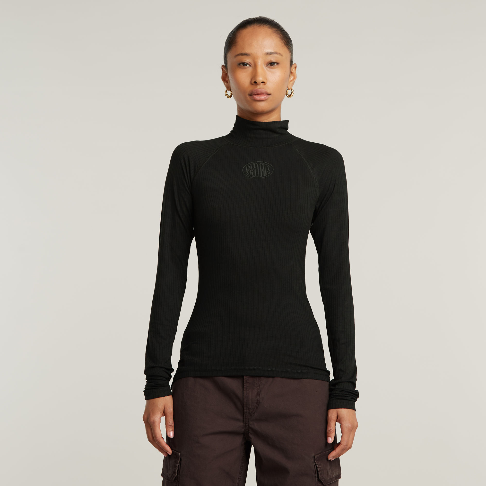 

Logo Slim Rib Mock Top - Schwarz - Damen
