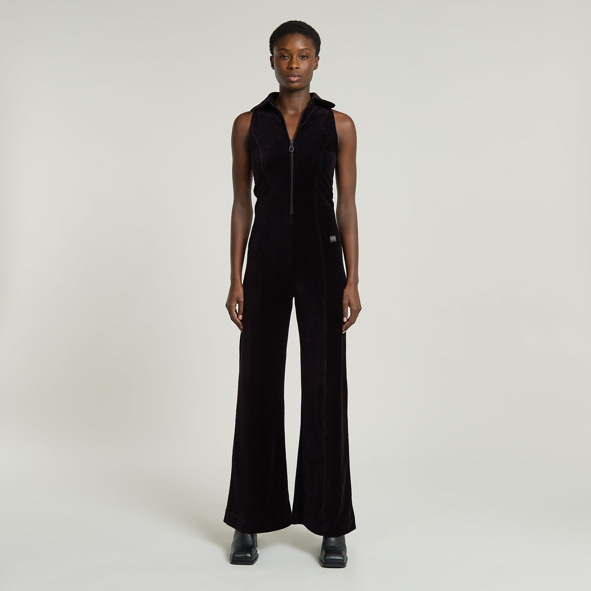 

Wide Leg Velvet Jumpsuit - Black - Women