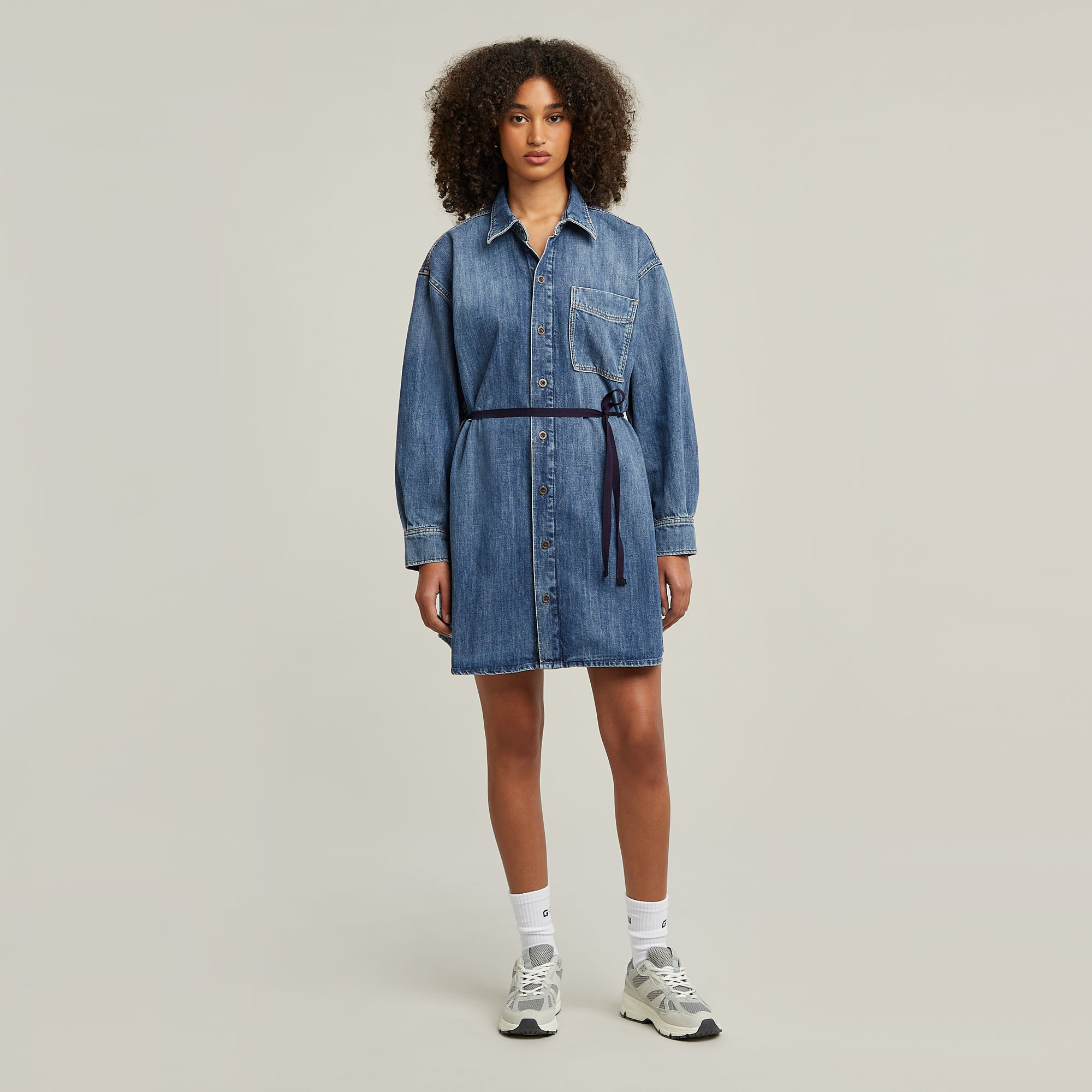 Belted Oversized Denim Kleid - Mittelblau - Damen