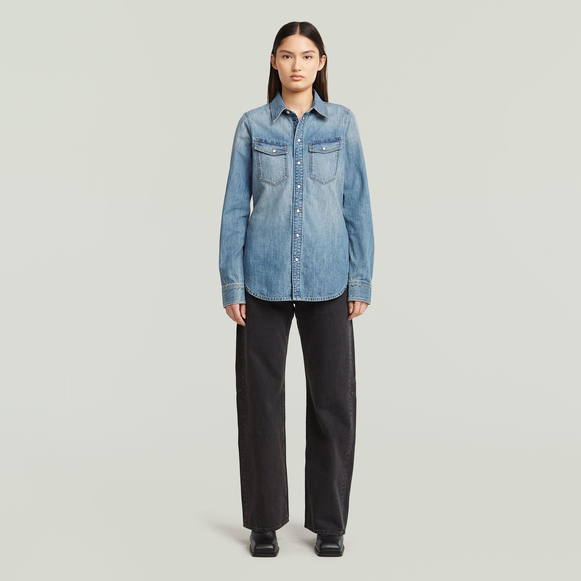 Thumbnail - Slim Western Hemd - Mittelblau - Damen