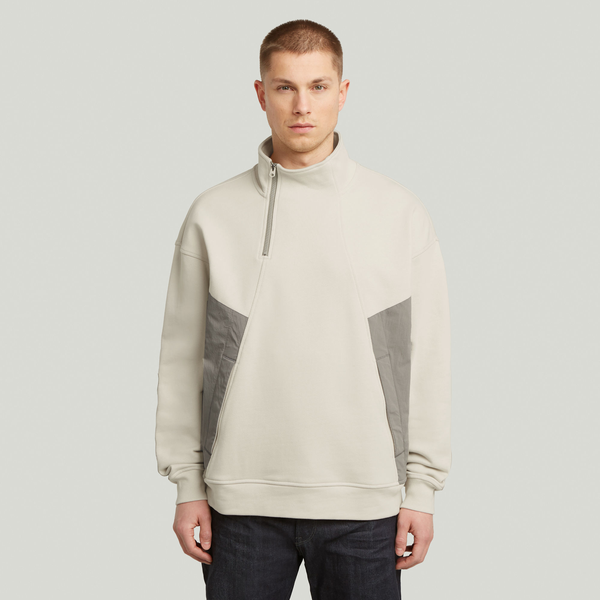 

Fabric Mix Half Zip Sweater - White - Men
