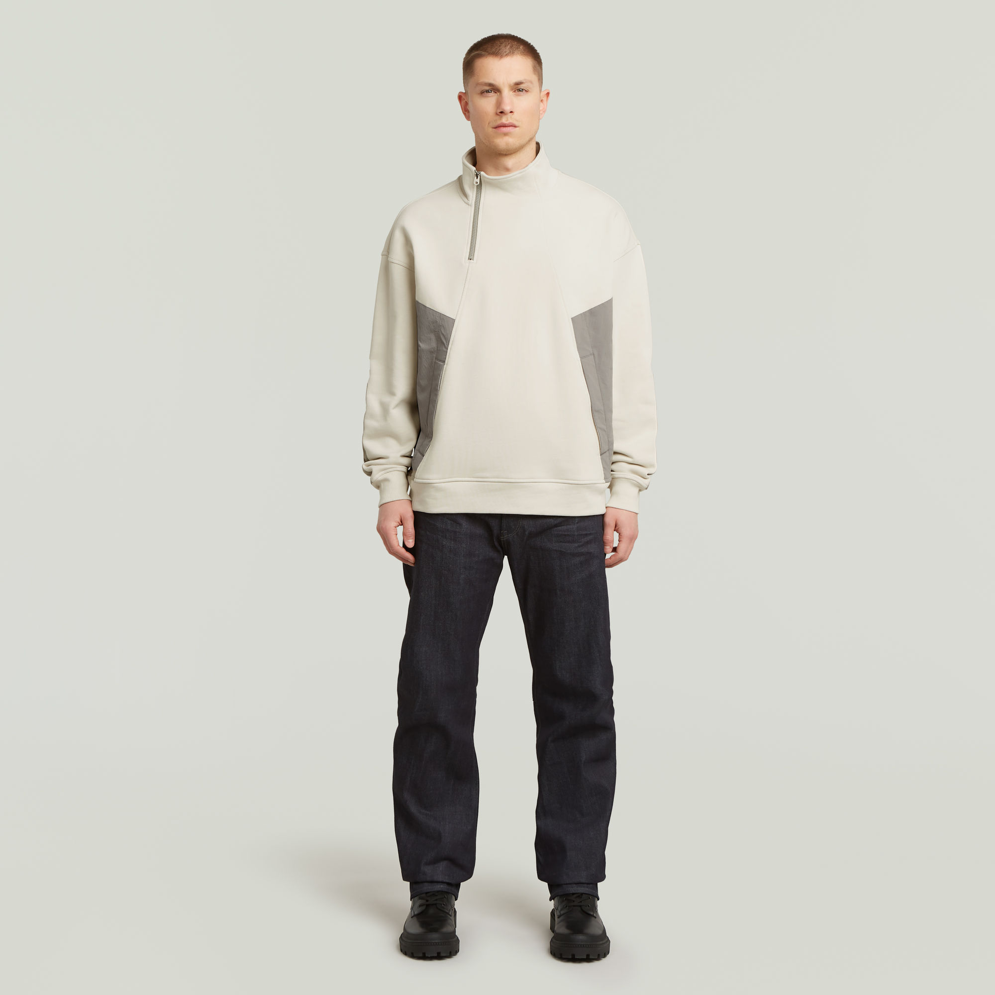Thumbnail - Fabric Mix Half Zip Sweater - Weiß - Herren