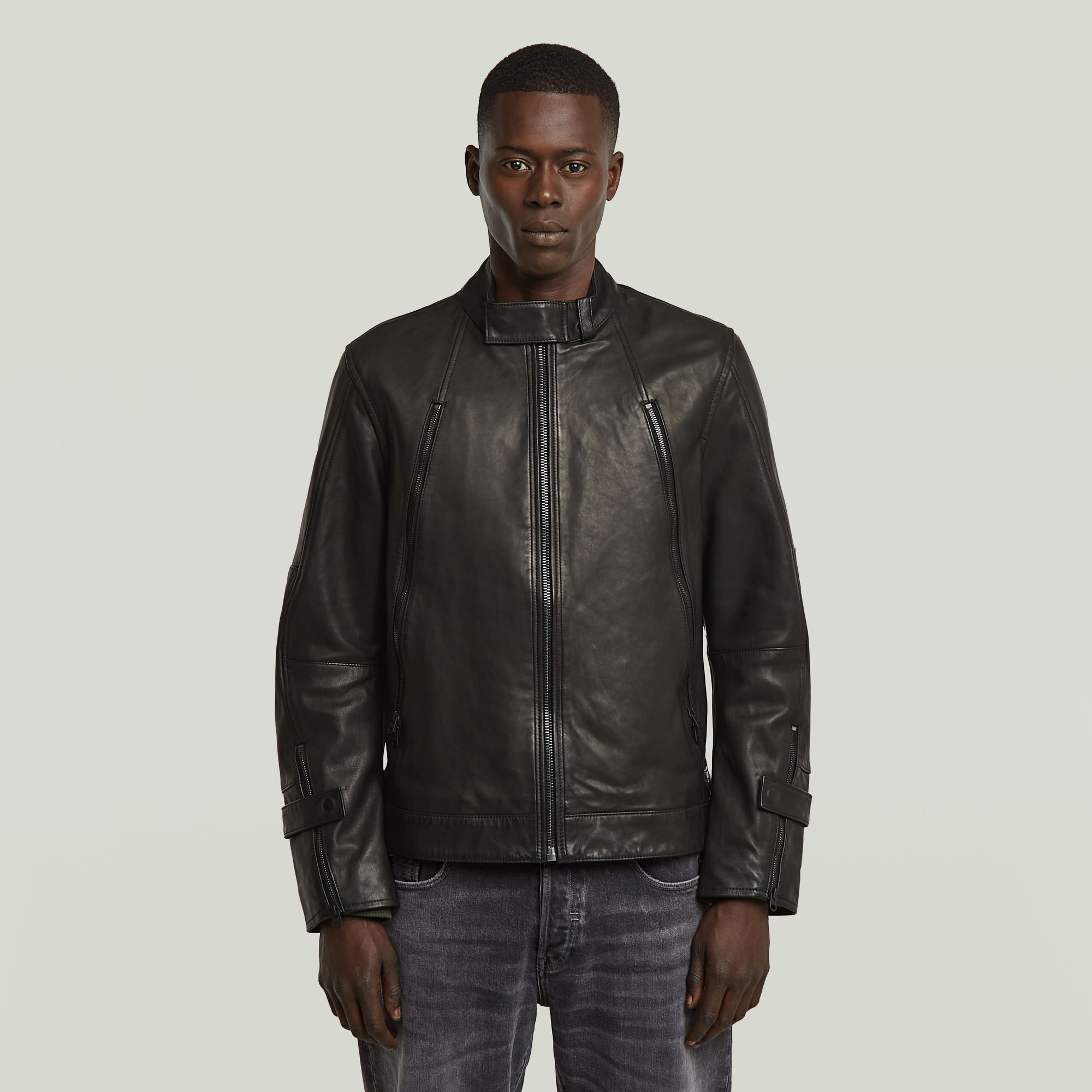 Biker Leather Jacke - Schwarz - Herren