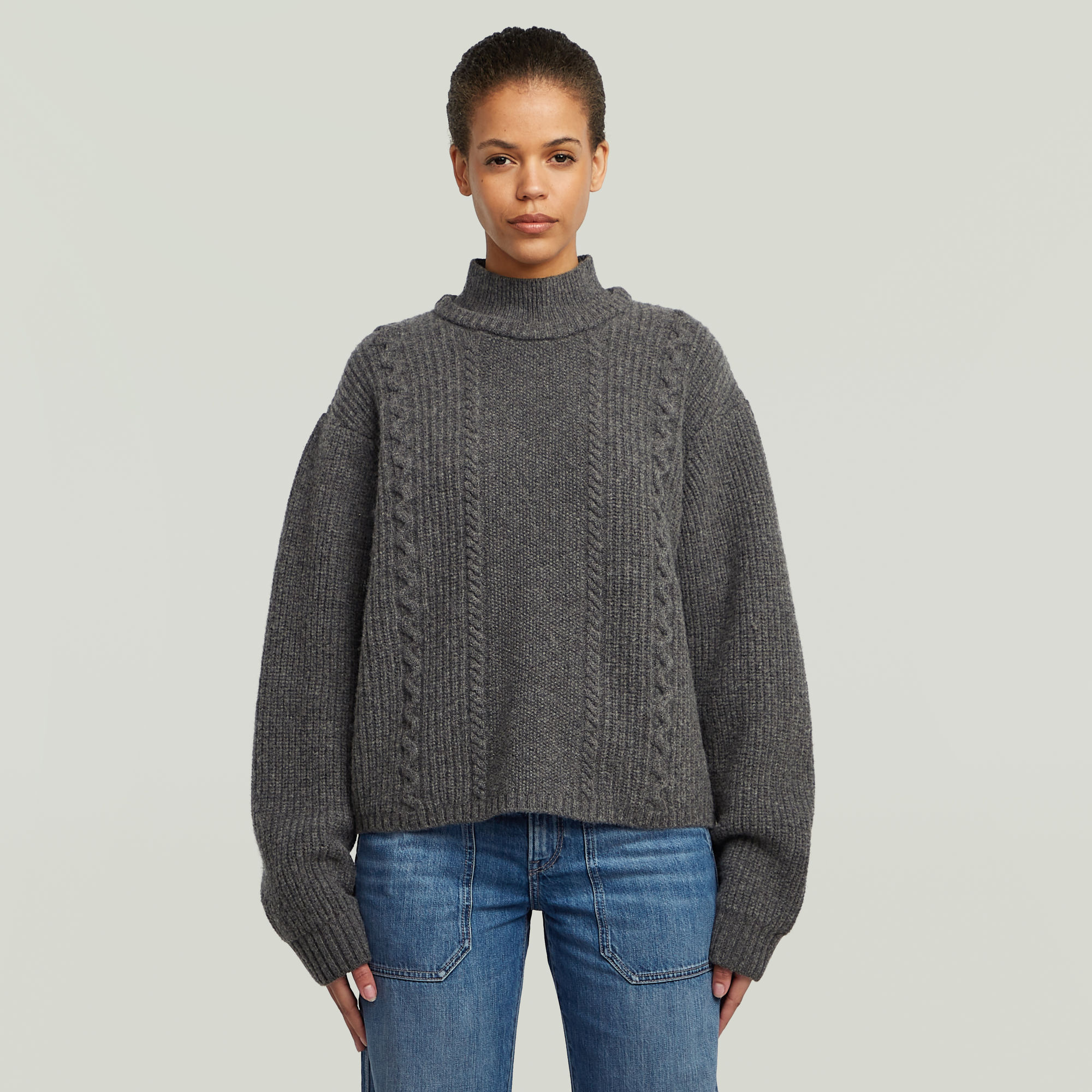 Cable Double Collar Knit - Mehrfarbig - Damen