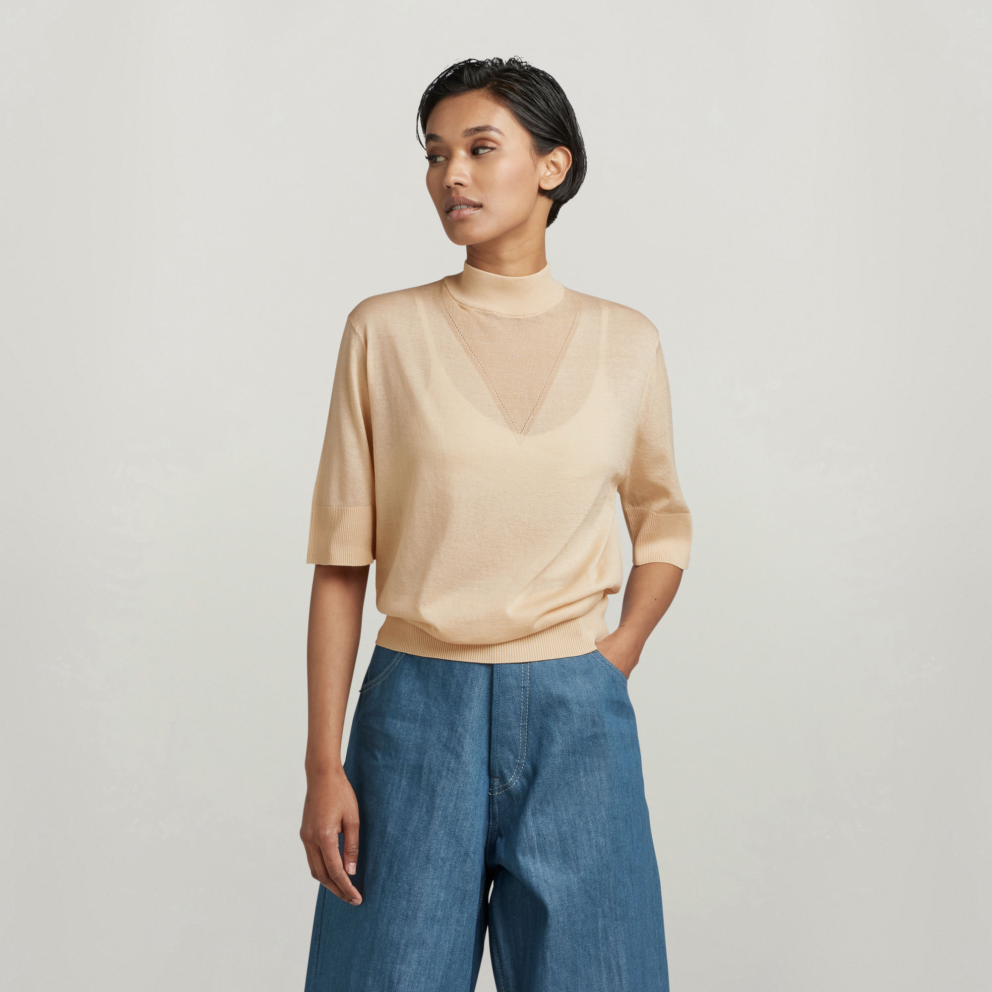 Core Mock Neck Knitted Top - Beige - Damen