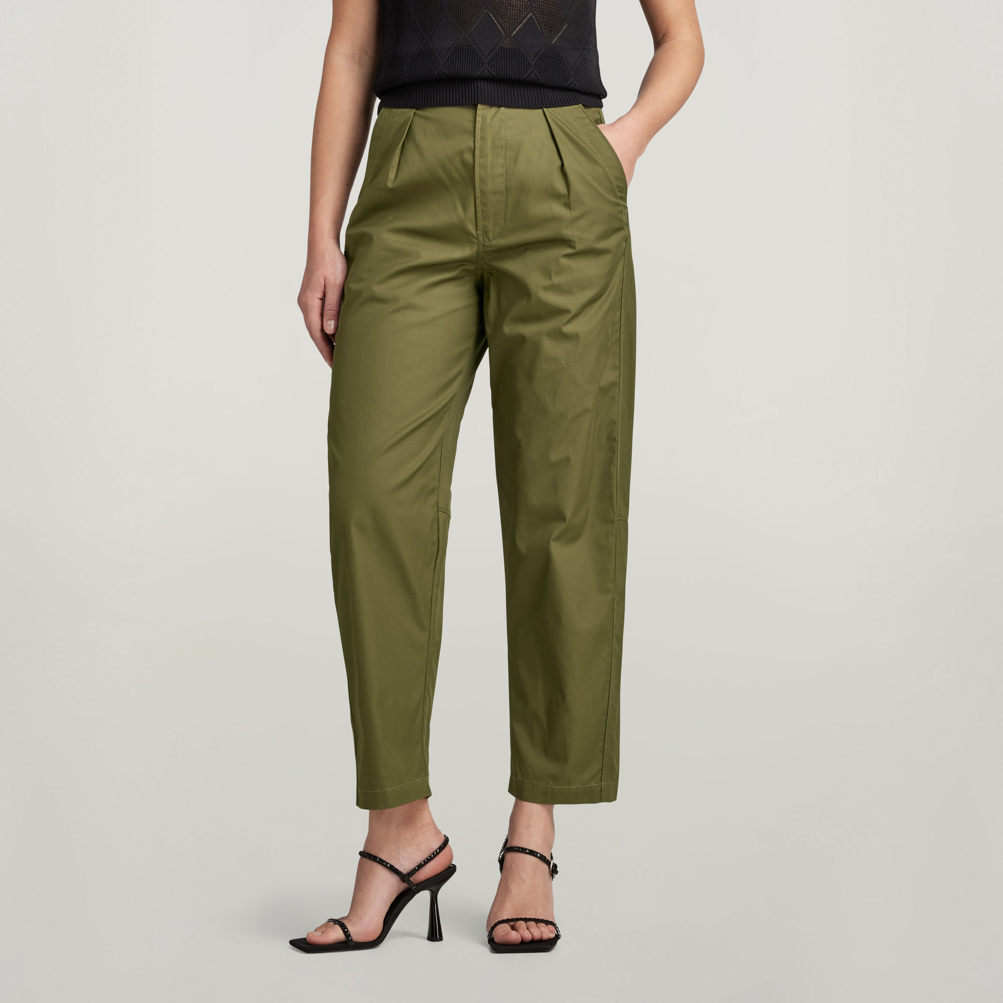 Pleated High Waist Chinohose - Grün - Damen