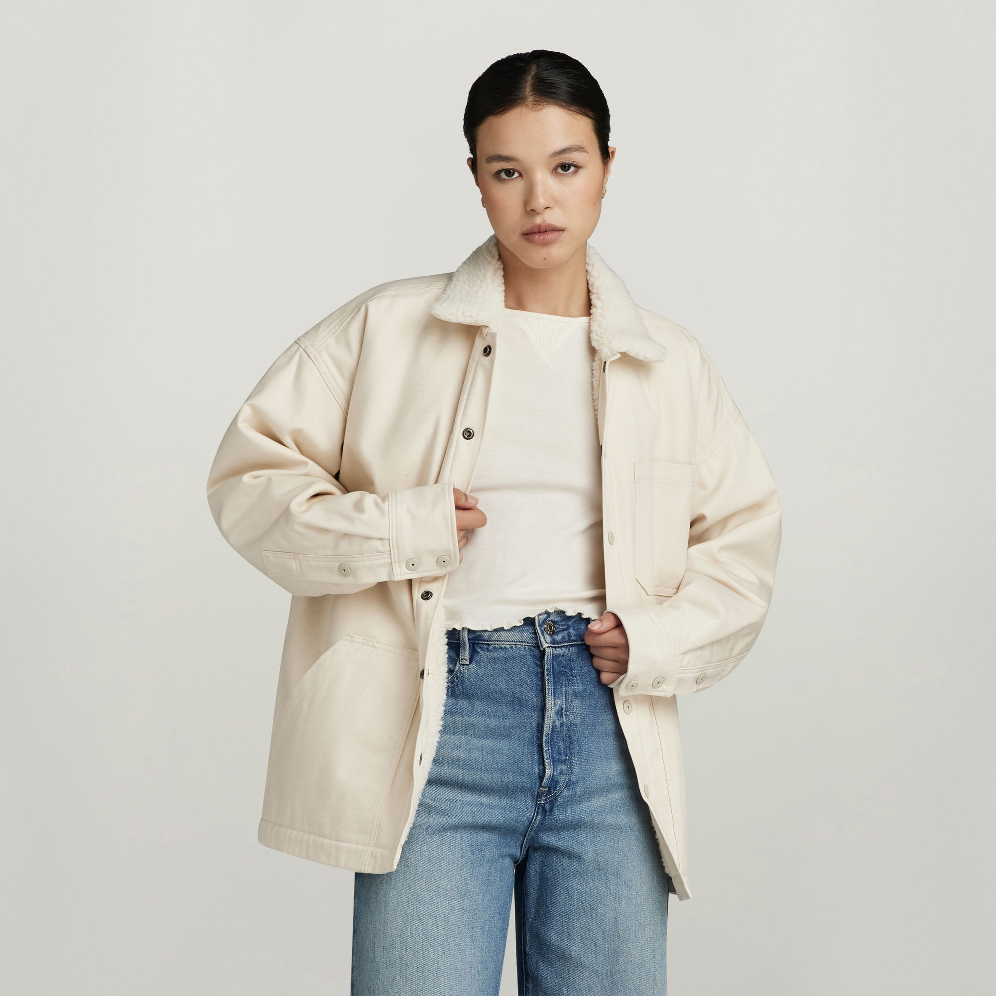 

Boxy Sherpa Lined Overshirt - Beige - Women