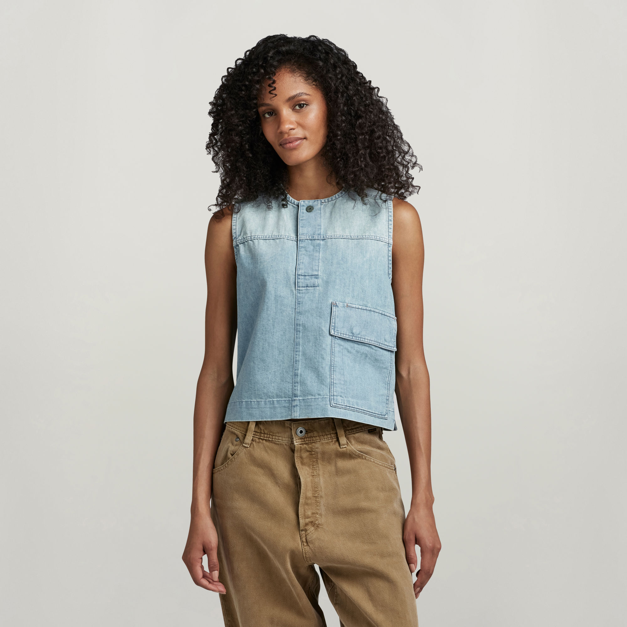 Worker Cropped Hemd Sleeveless - Hellblau - Damen