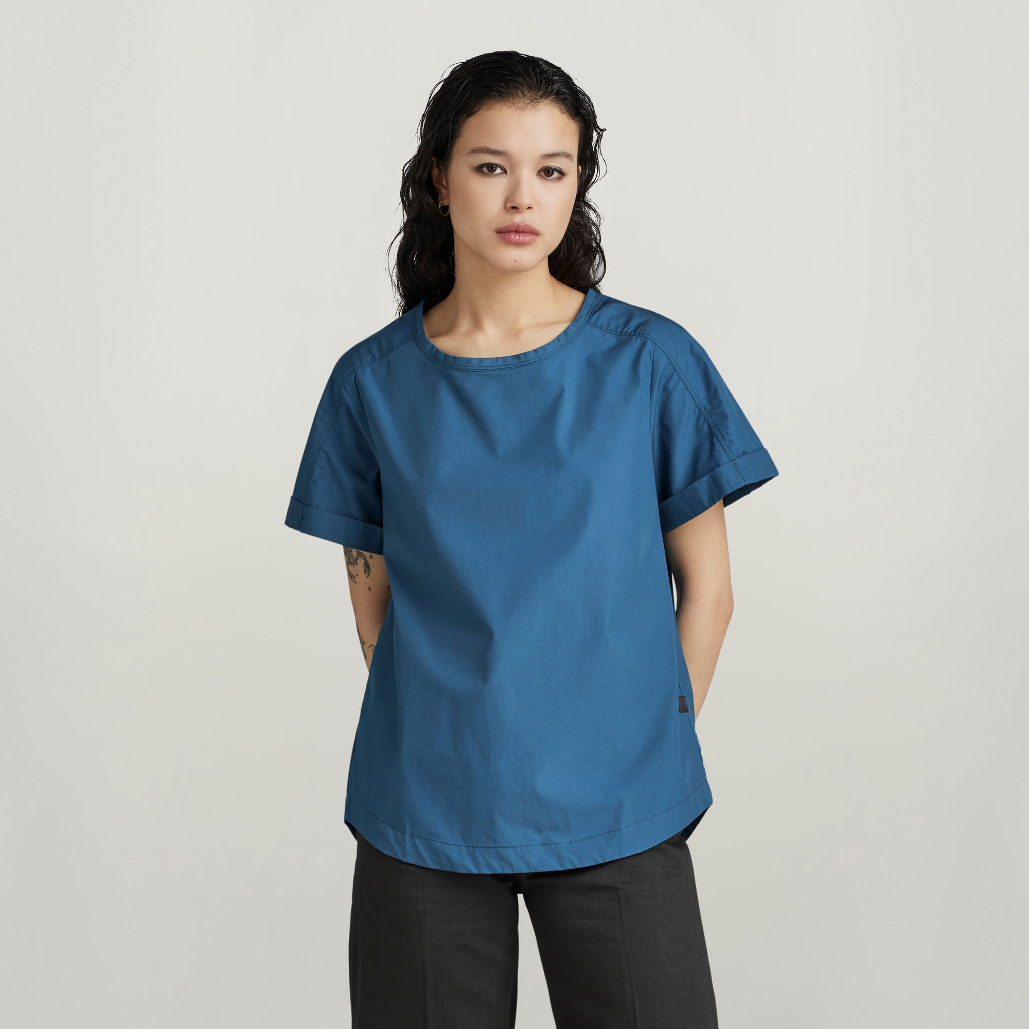 Woven T-Shirt - Mittelblau - Damen