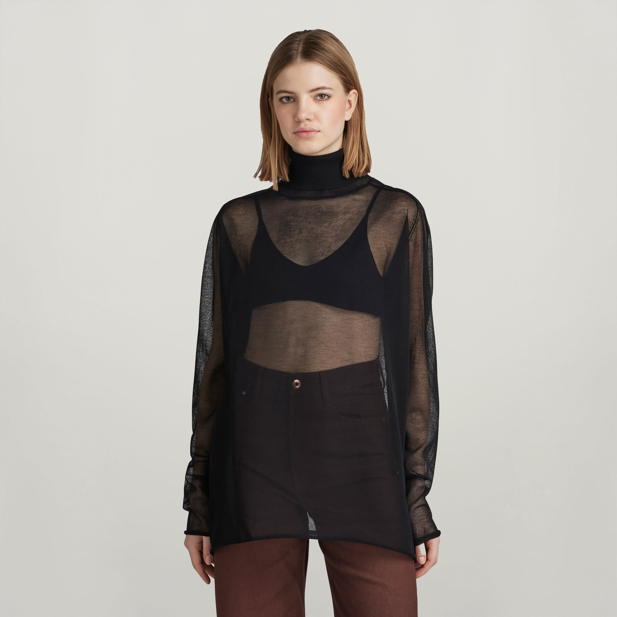 Sheer Loose Turtle Knitted Pullover - Schwarz - Damen