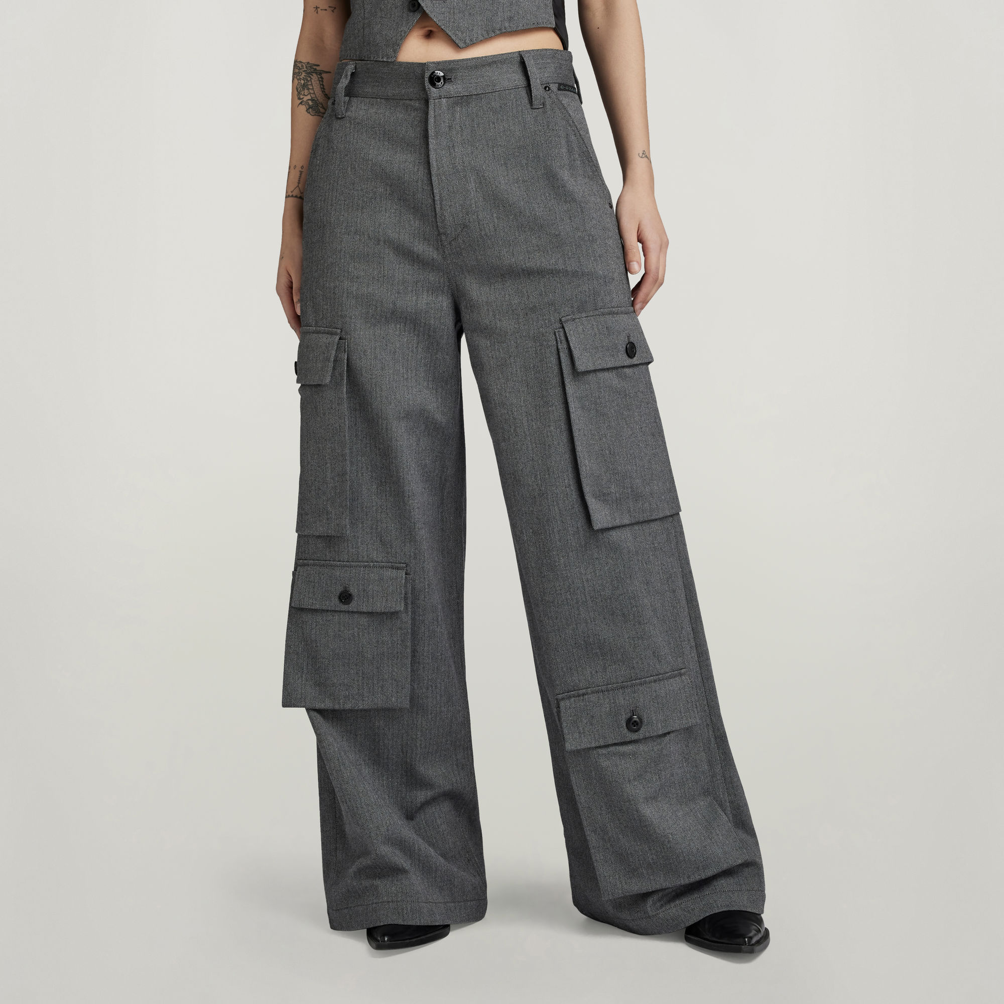 G-Star RAW wide leg cargobroek met visgraat grijs