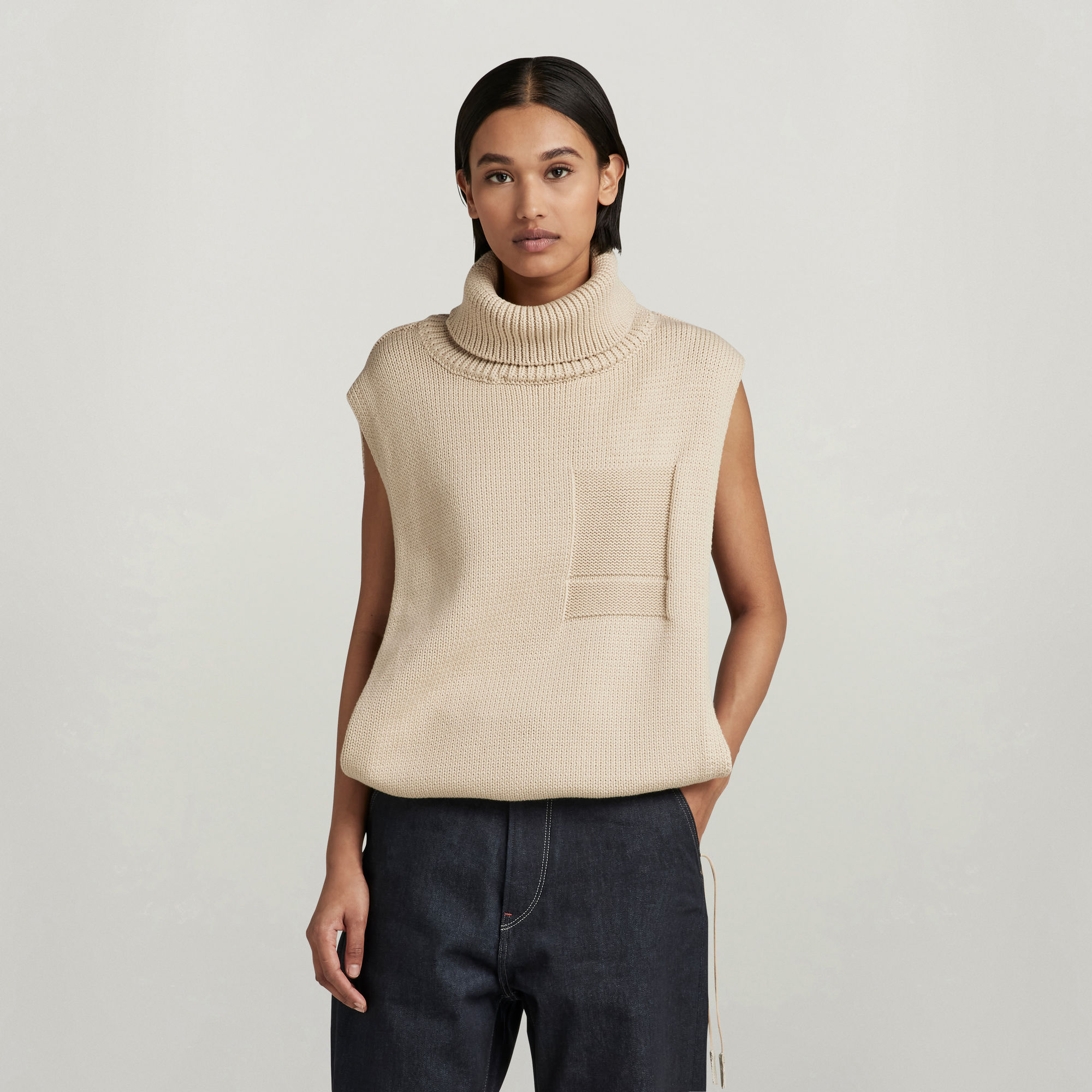 Knitted Top Open Side Turtle Neck - Beige - Damen