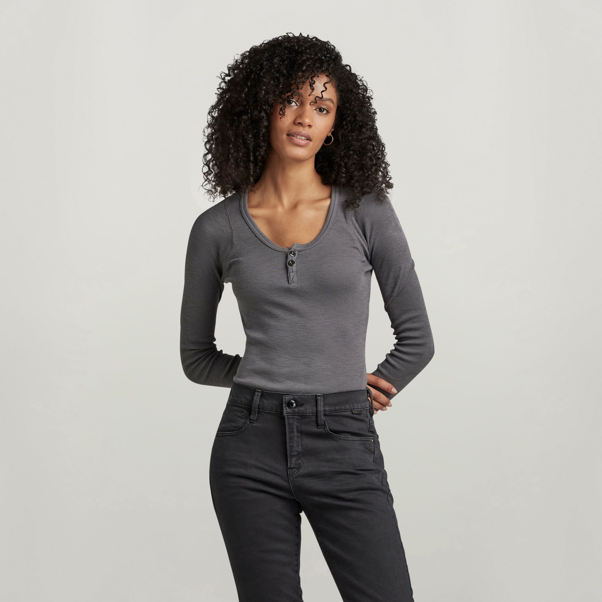 Henley Ultra Slim Body Top - Grau - Damen