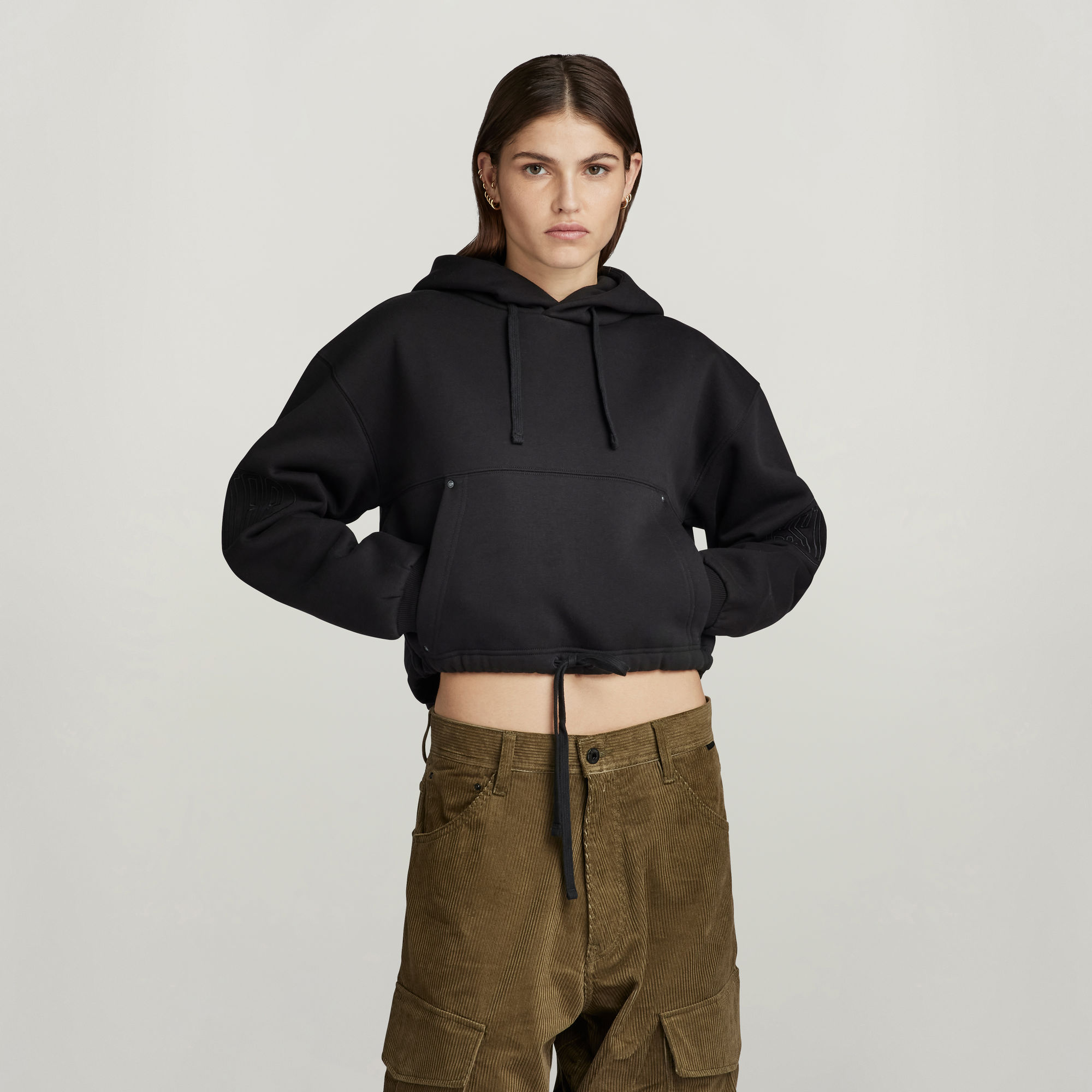 

Sleeve Graphic Cropped Loose Hoodie - Black - Women