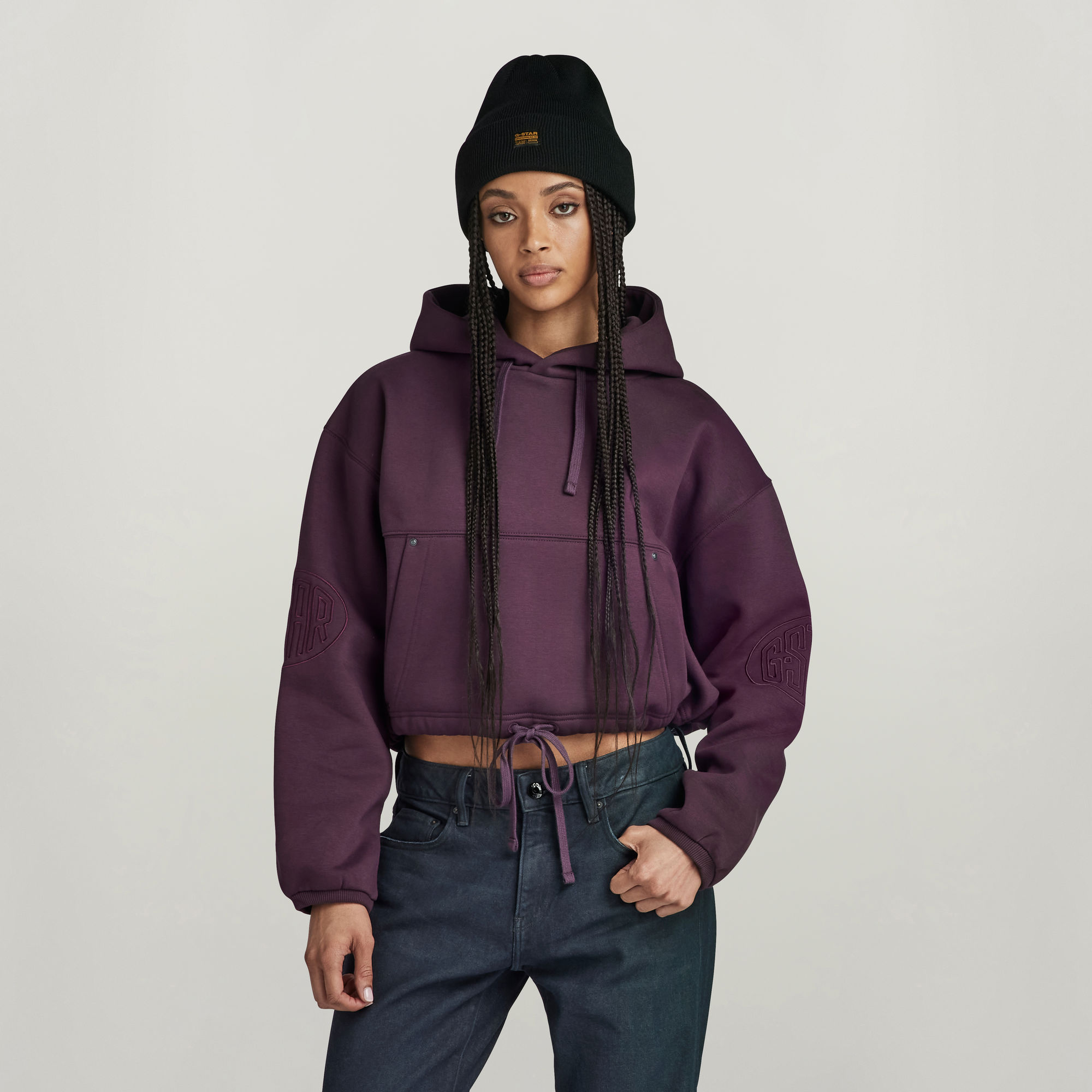 

Sleeve Graphic Cropped Loose Hoodie - Purple - Women