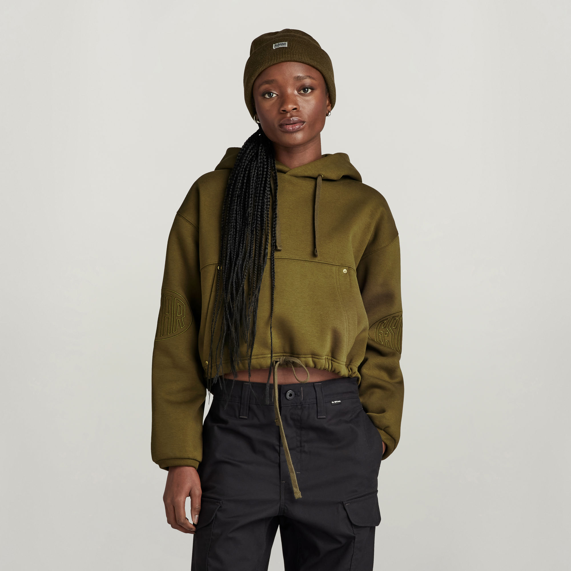 

Sleeve Graphic Cropped Loose Hoodie - Green - Women