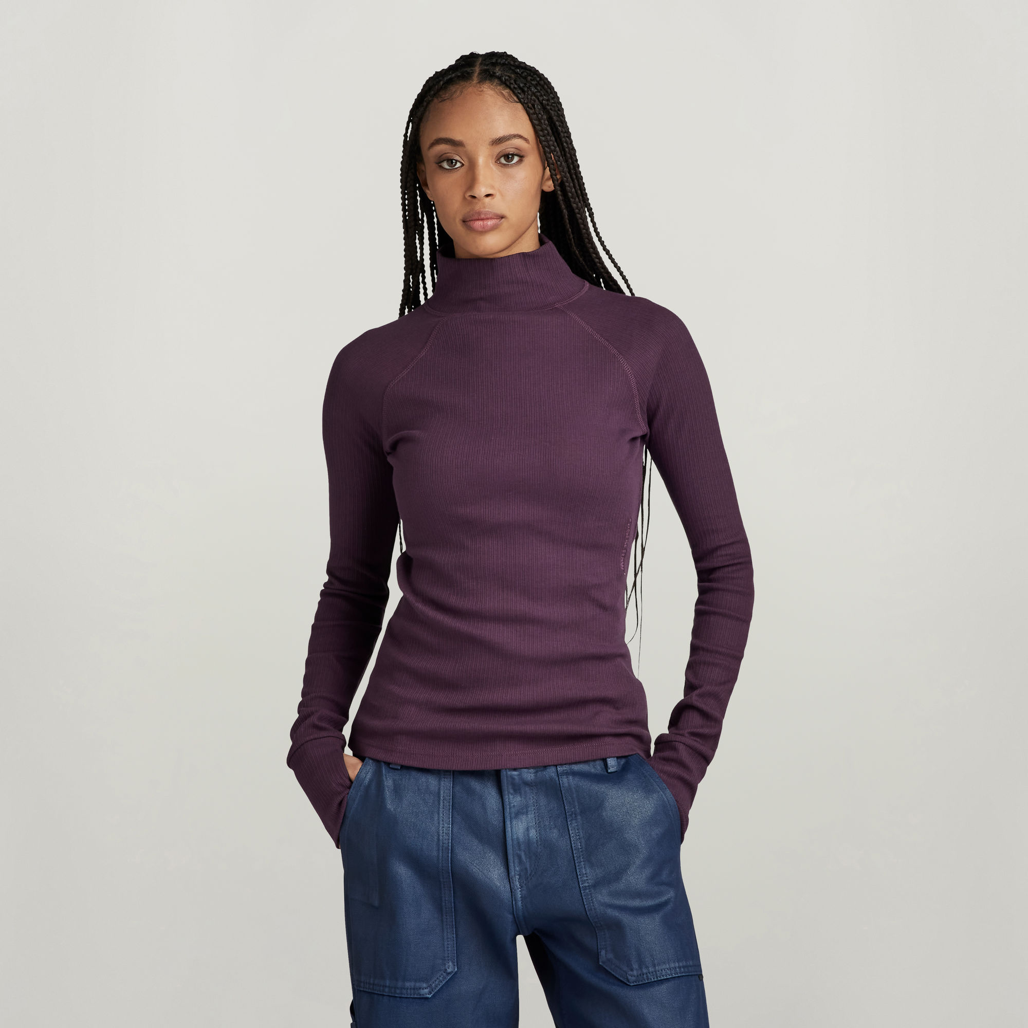 Slim Rib Mock Top - Lila - Damen