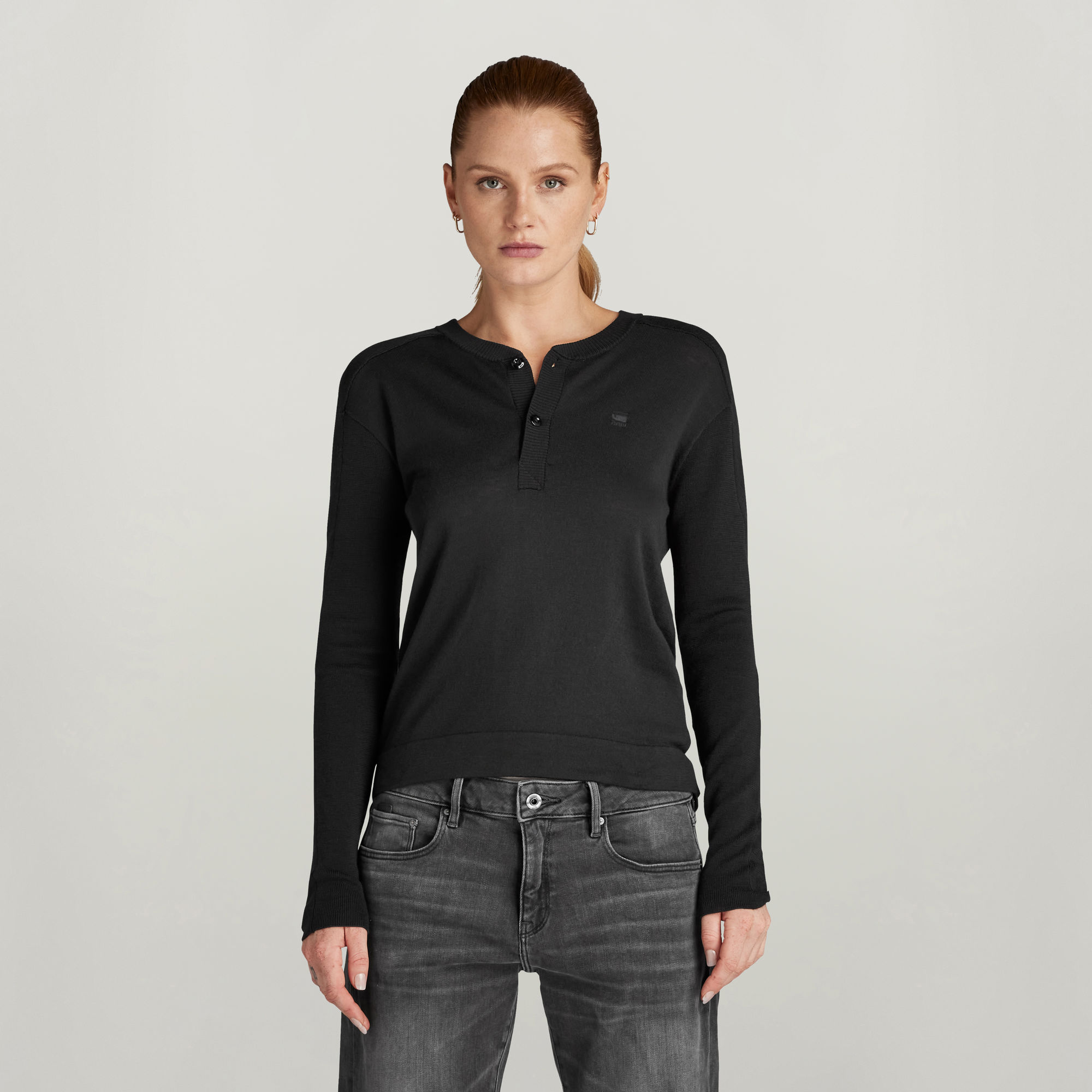 Core Henley Knitted Pullover - Schwarz - Damen