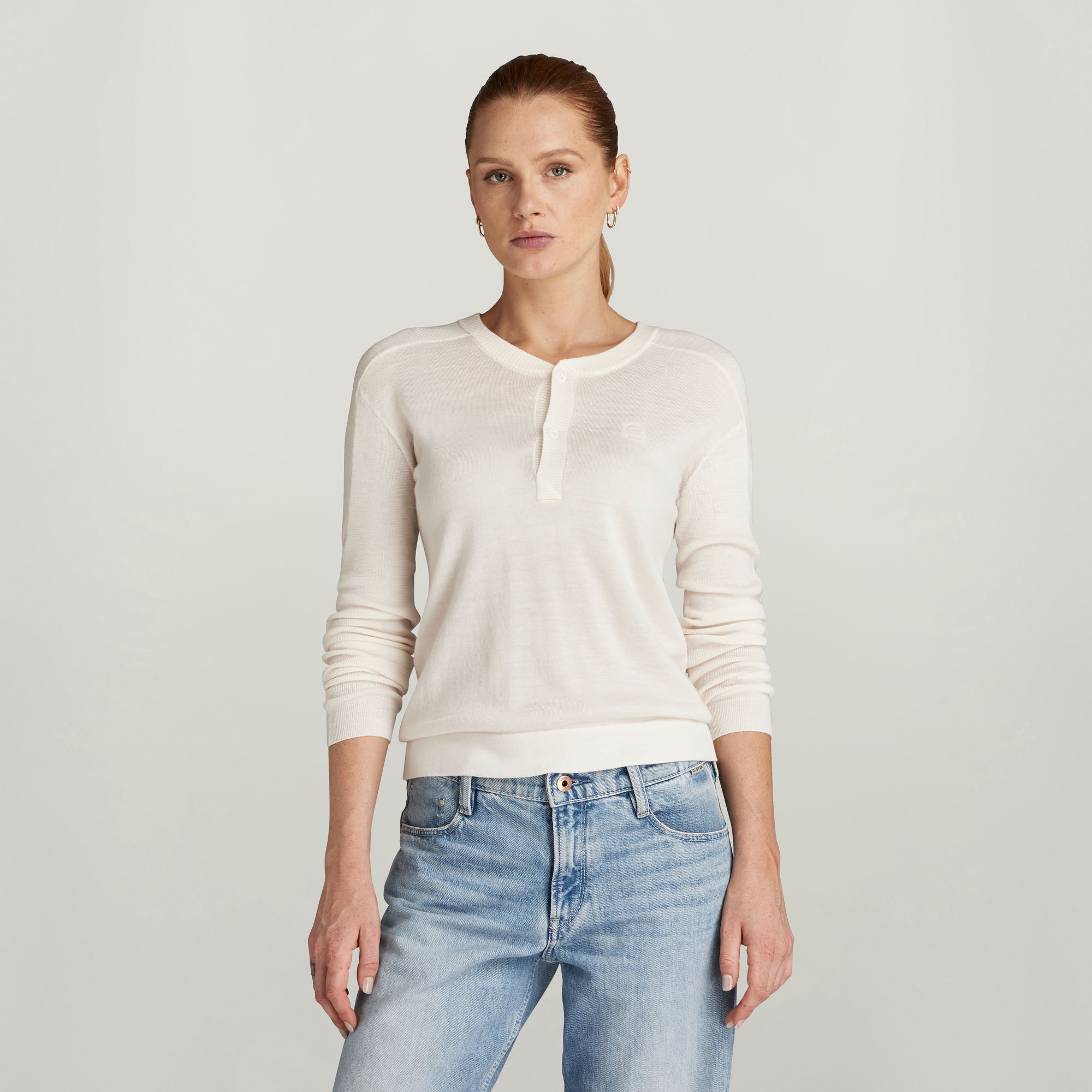 Core Henley Knitted Pullover - Beige - Damen