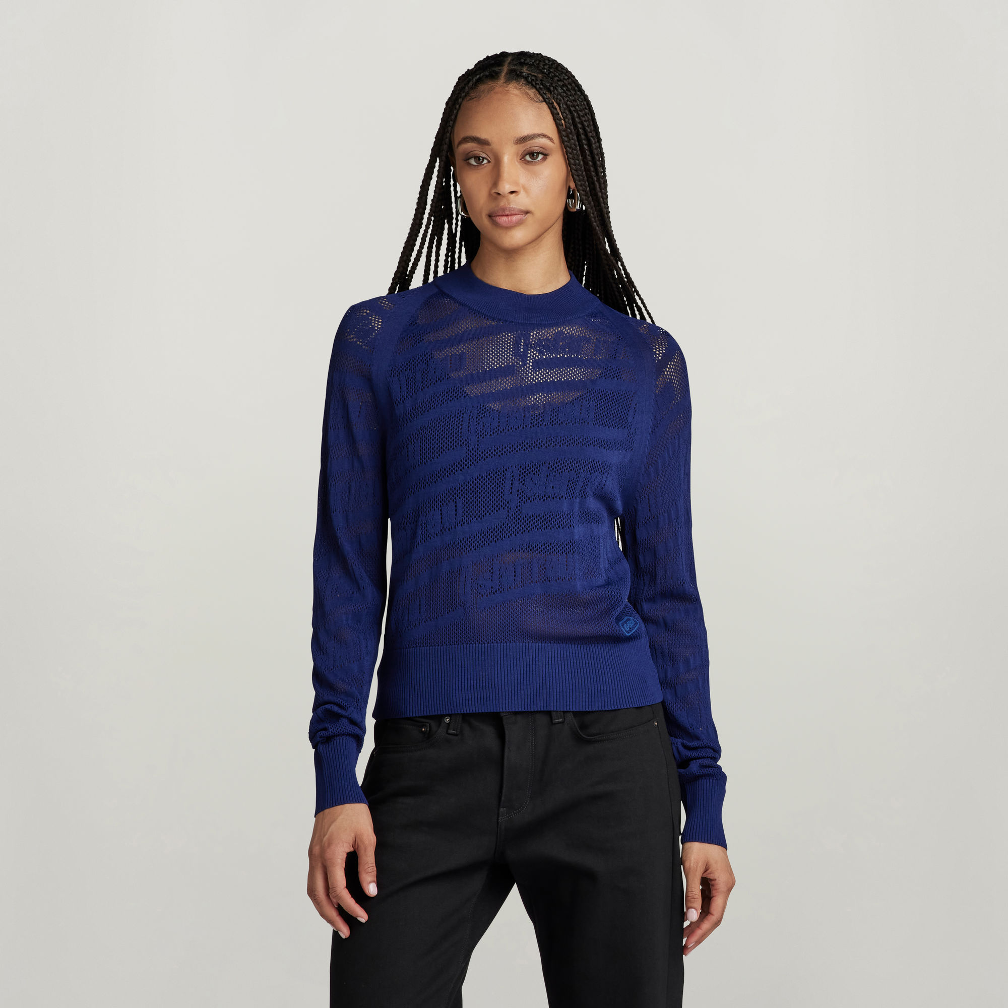 Pointelle Text Knitted Pullover - Mittelblau - Damen