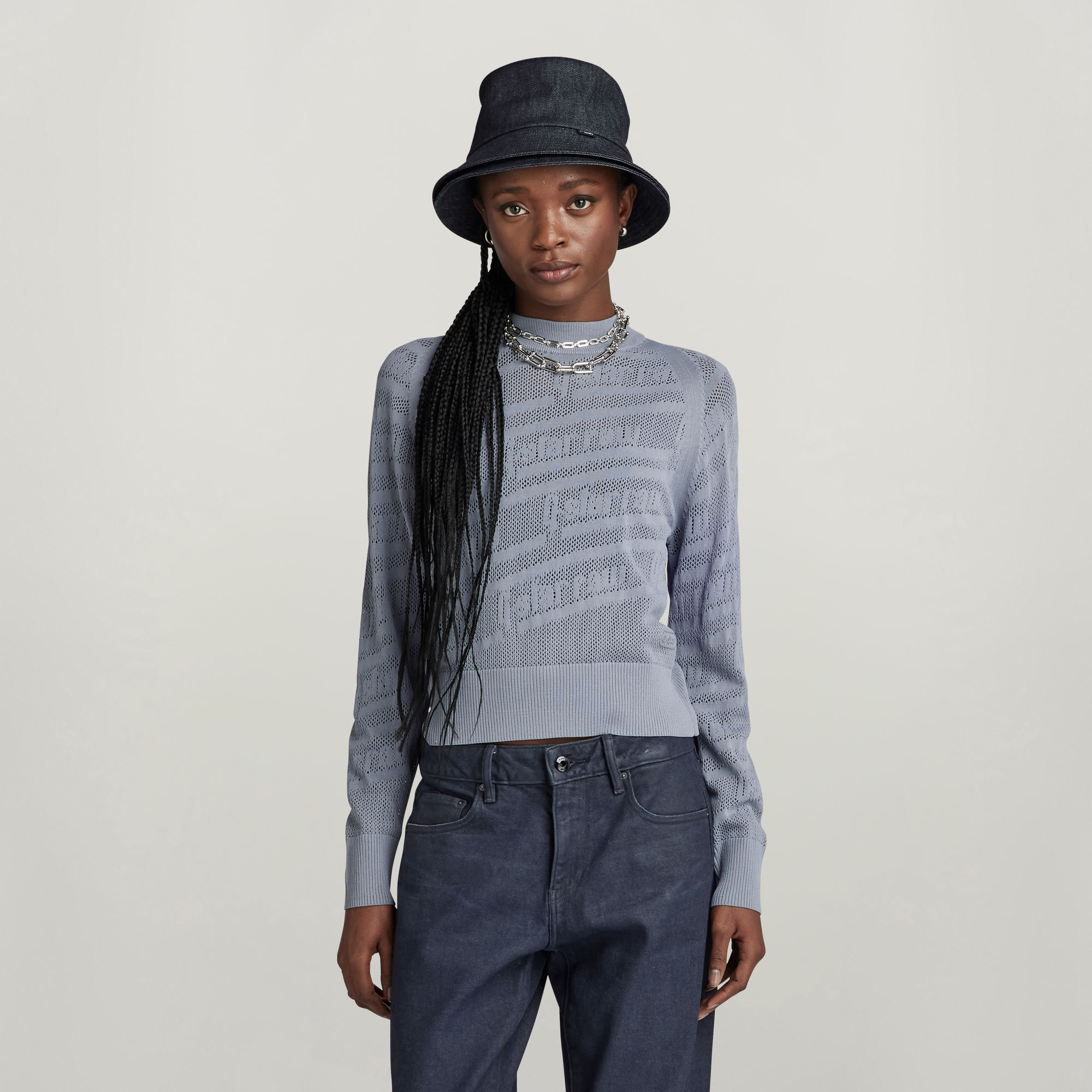 

Pointelle Text Knitted Pullover - Grau - Damen