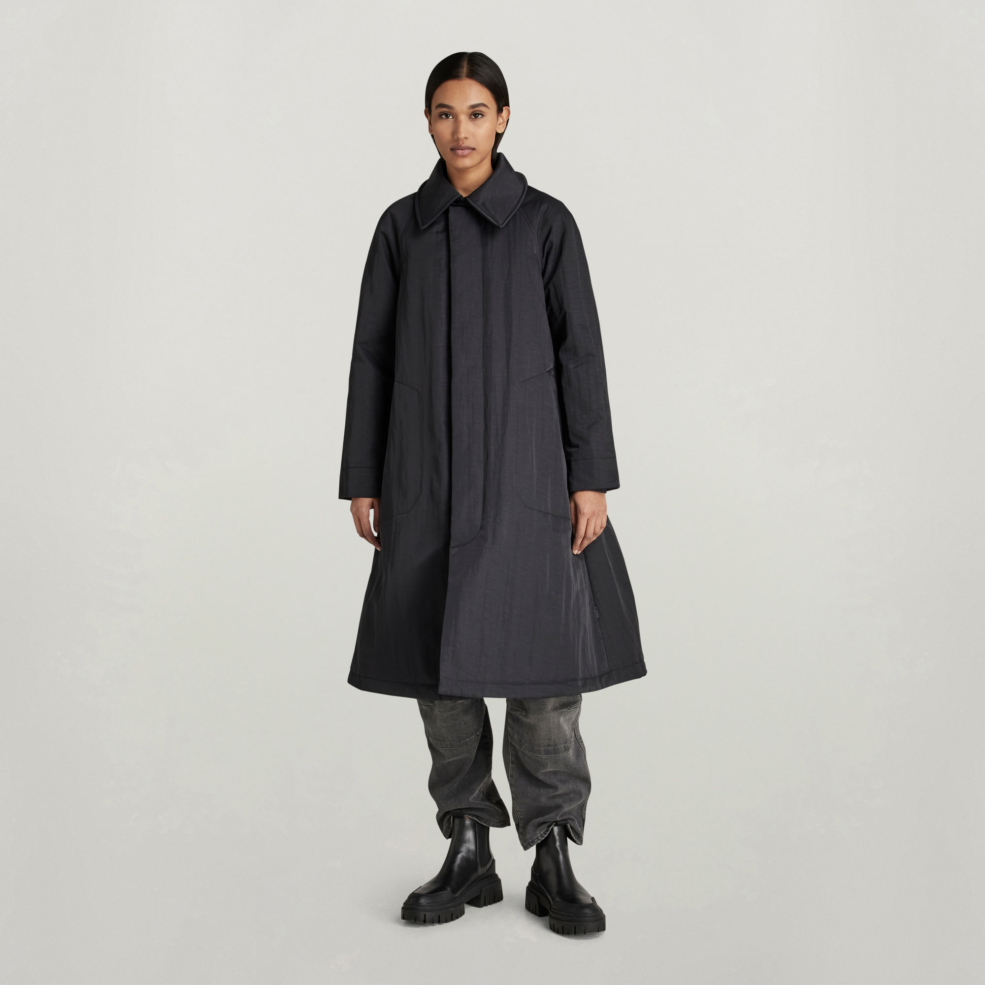 Padded Wide Trenchcoat - Schwarz - Damen