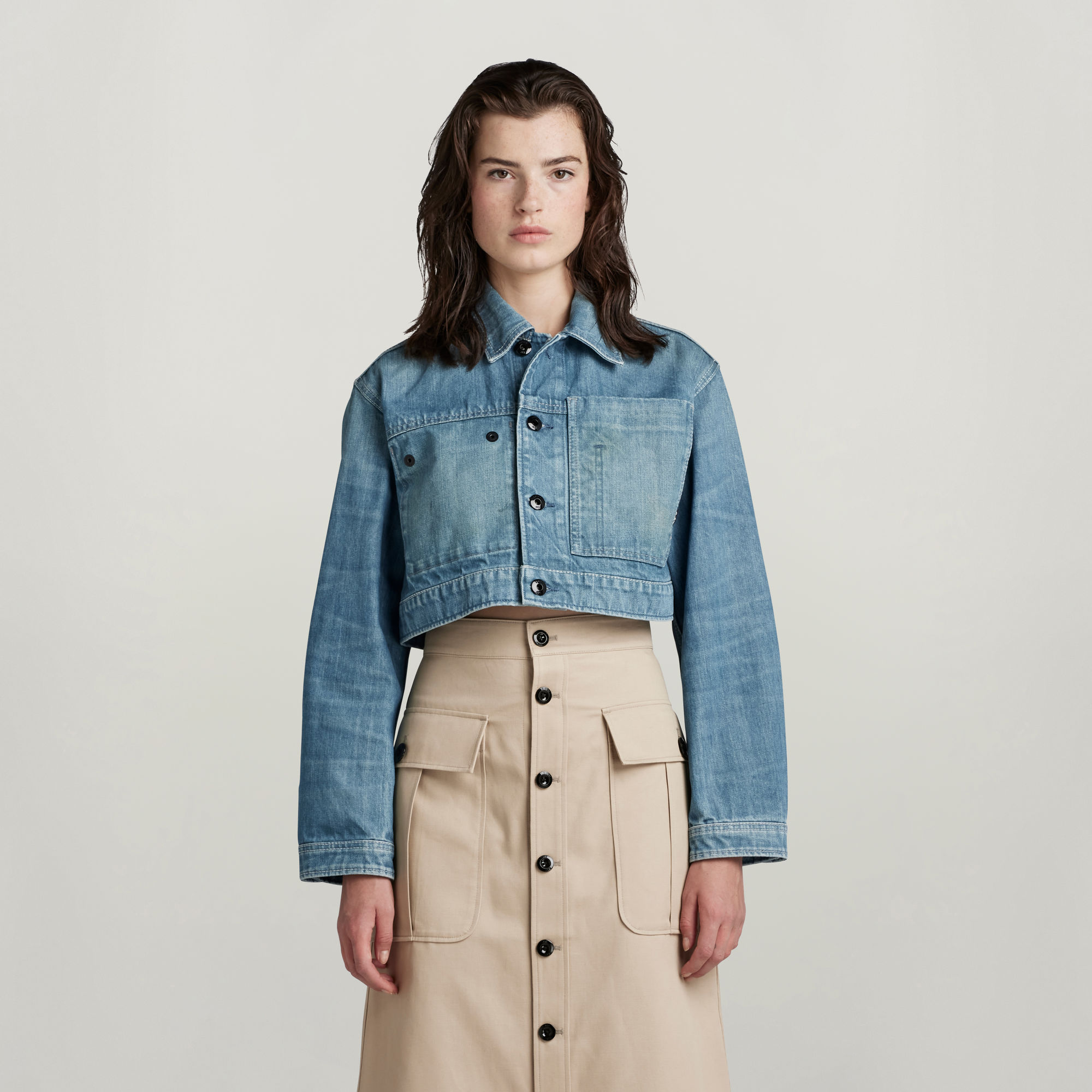 Cropped Denim Jacke - Mittelblau - Damen