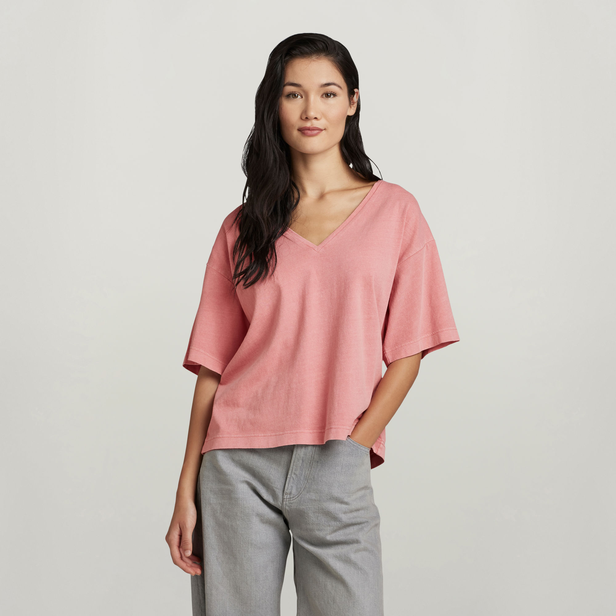 Overdyed Deep V-Neck Loose Top - Pink - Damen