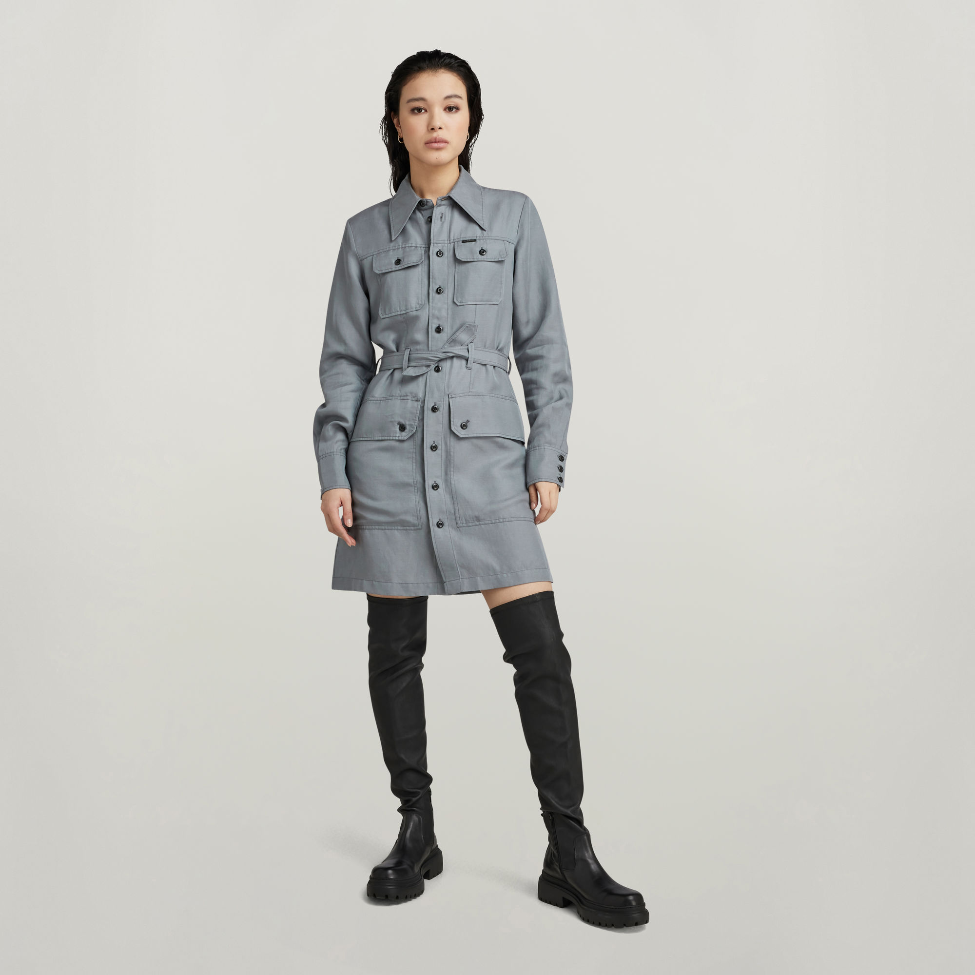 Military Shirt Kleid - Grau - Damen